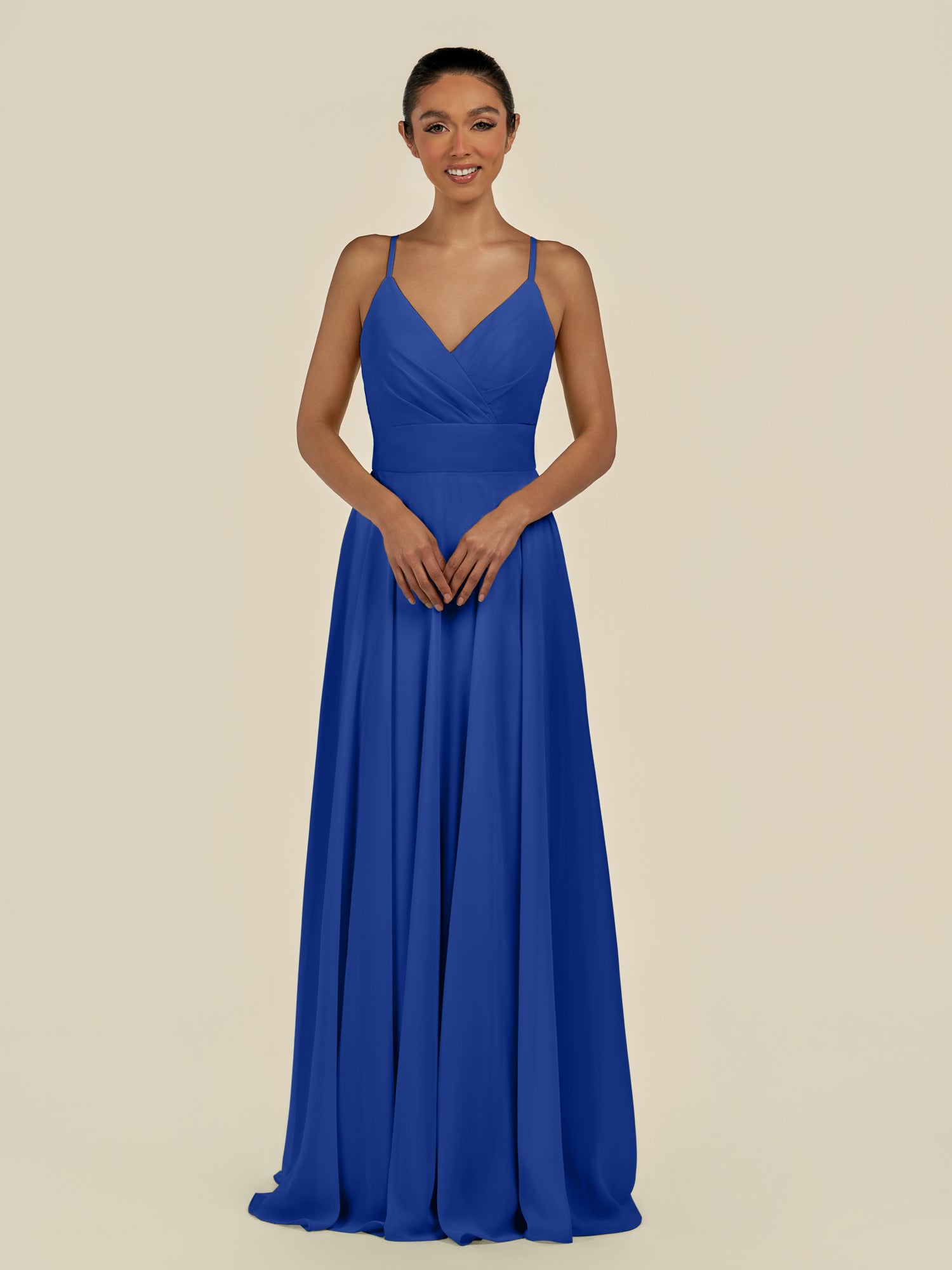KissDress-Amirae Royal Blue A Line Chiffon V Neck Long Bridesmaid Dress with Cinched Waistline