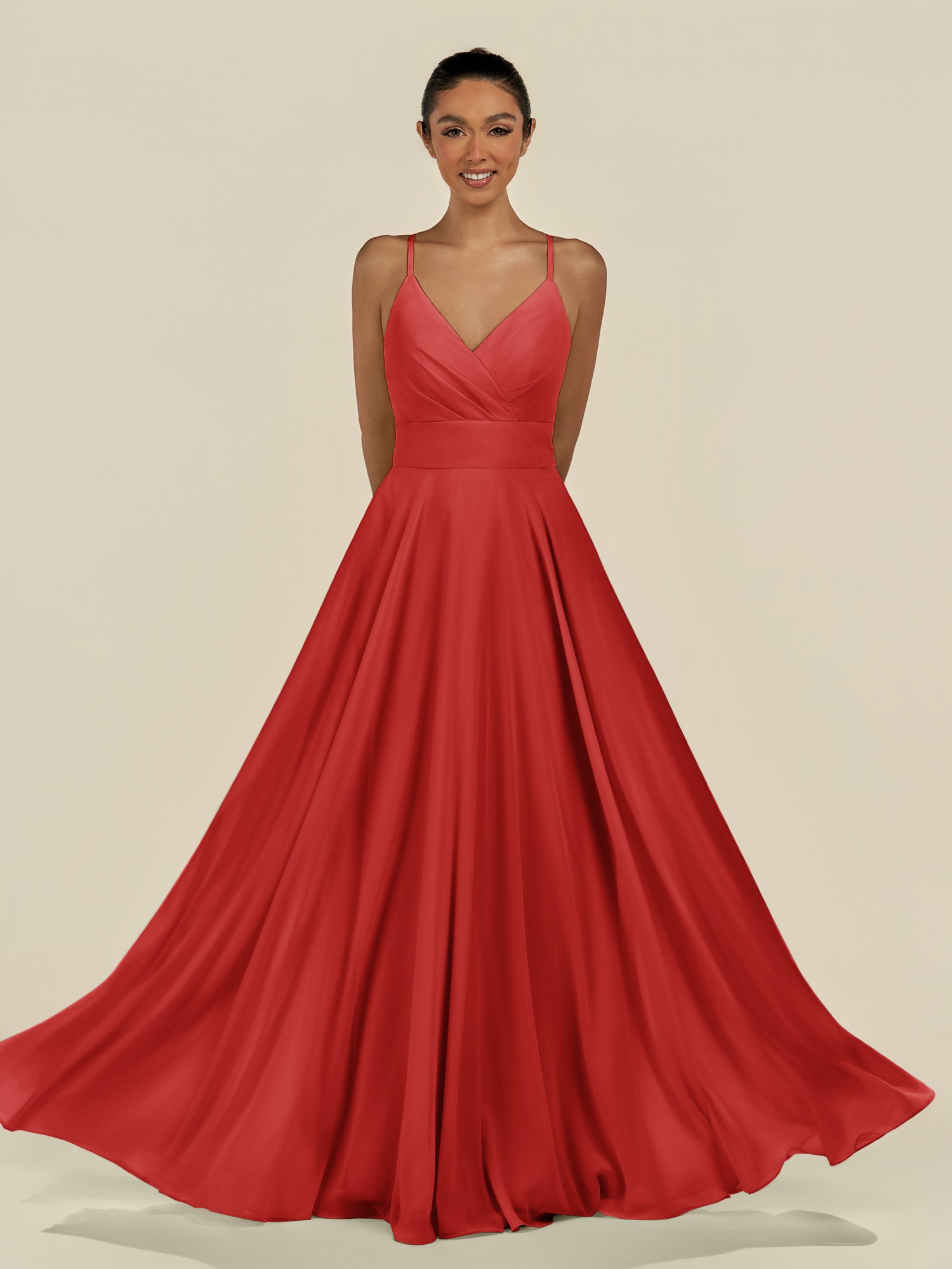 KissDress-Amirae Ruby Red A Line Chiffon V Neck Long Bridesmaid Dress with Cinched Waistline