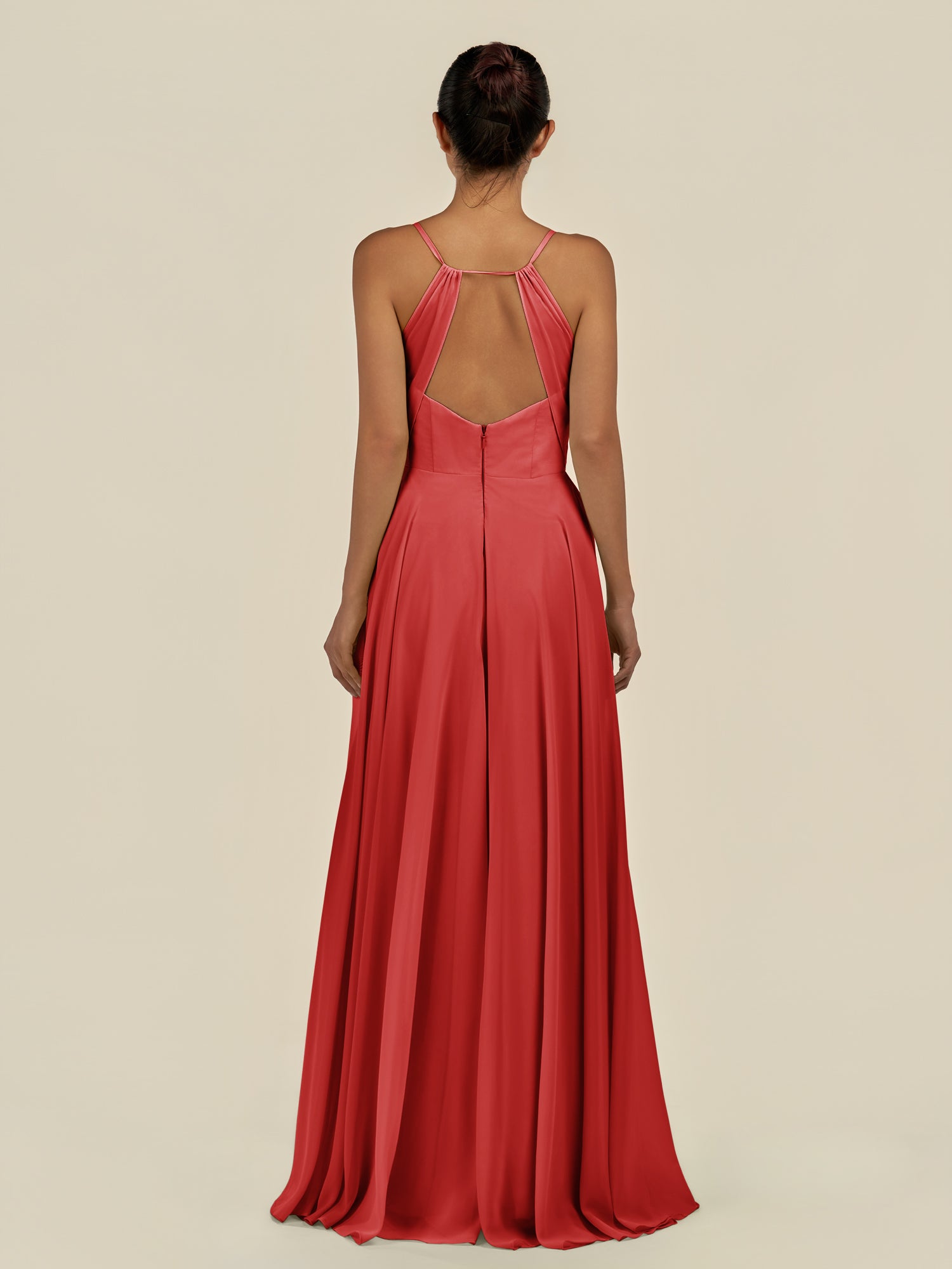 KissDress-Amirae Ruby Red A Line Chiffon V Neck Long Bridesmaid Dress with Cinched Waistline