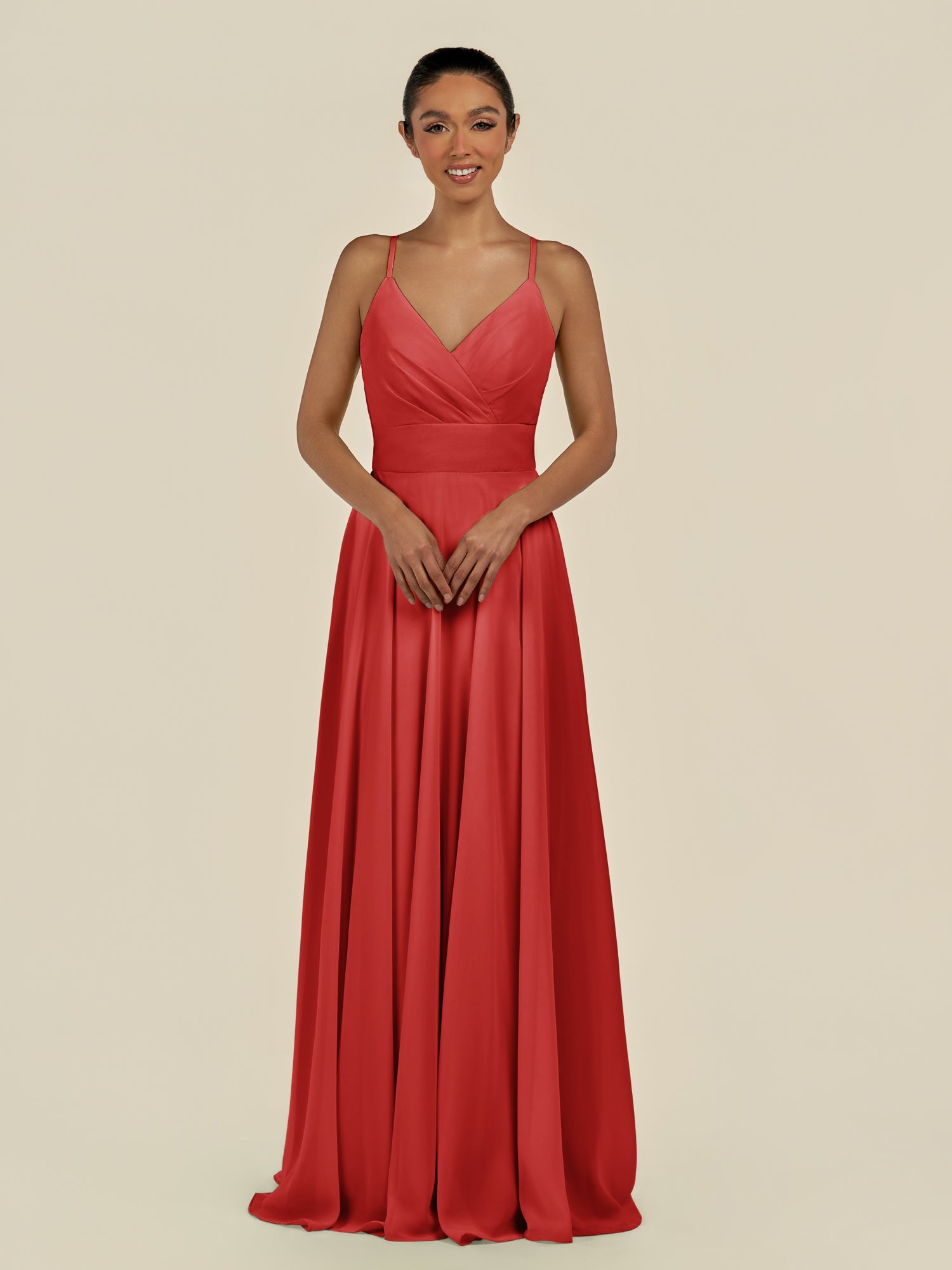 KissDress-Amirae Ruby Red A Line Chiffon V Neck Long Bridesmaid Dress with Cinched Waistline