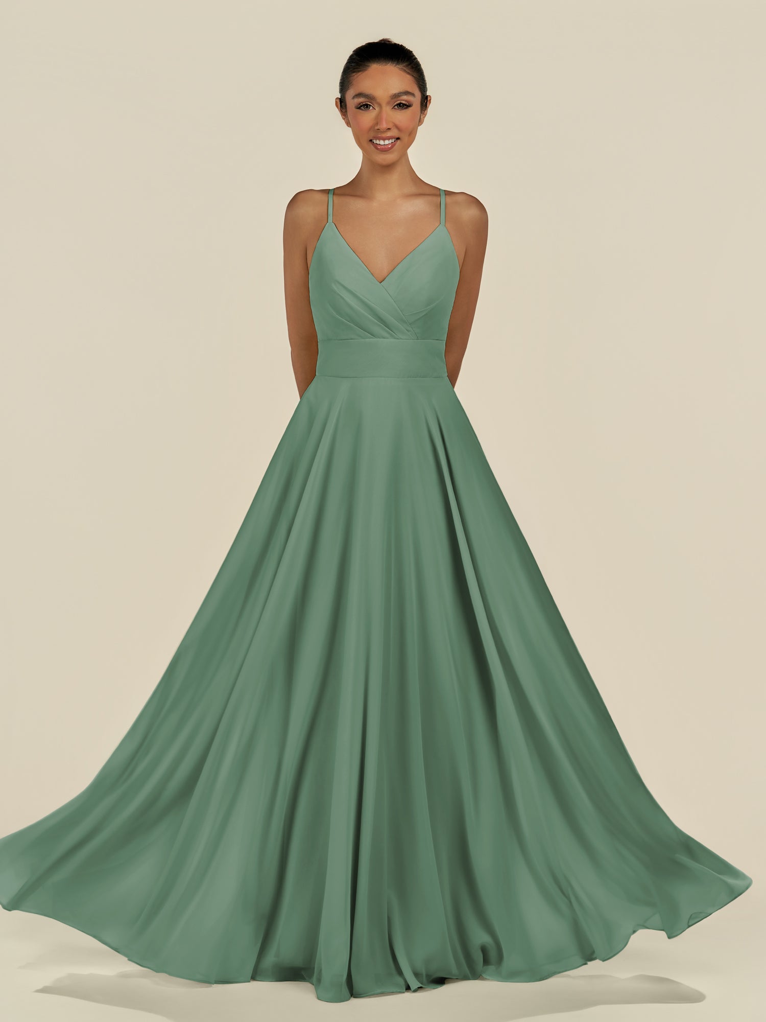 KissDress-Amirae Sea Glass A Line Chiffon V Neck Long Bridesmaid Dress with Cinched Waistline
