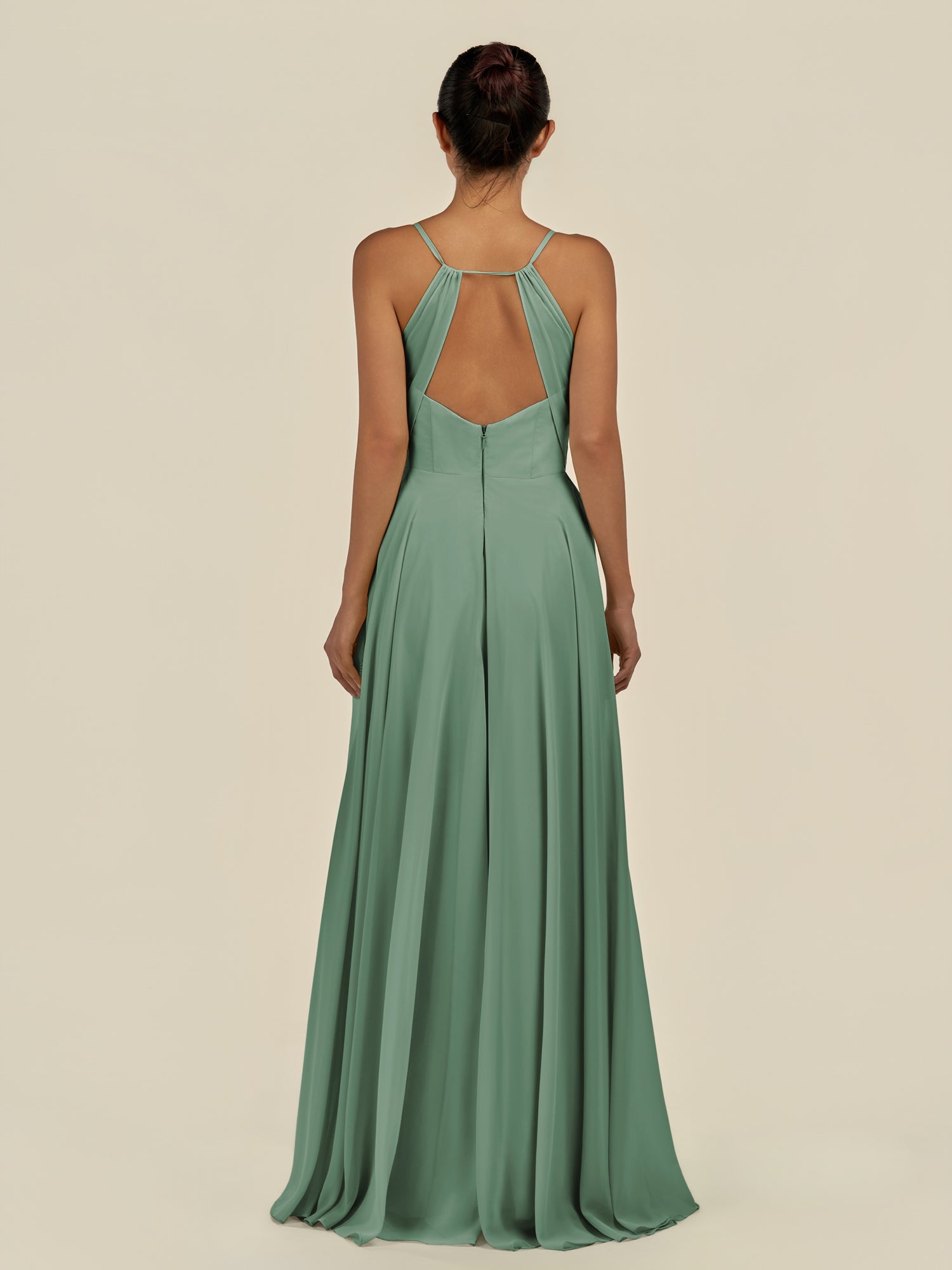 KissDress-Amirae Sea Glass A Line Chiffon V Neck Long Bridesmaid Dress with Cinched Waistline