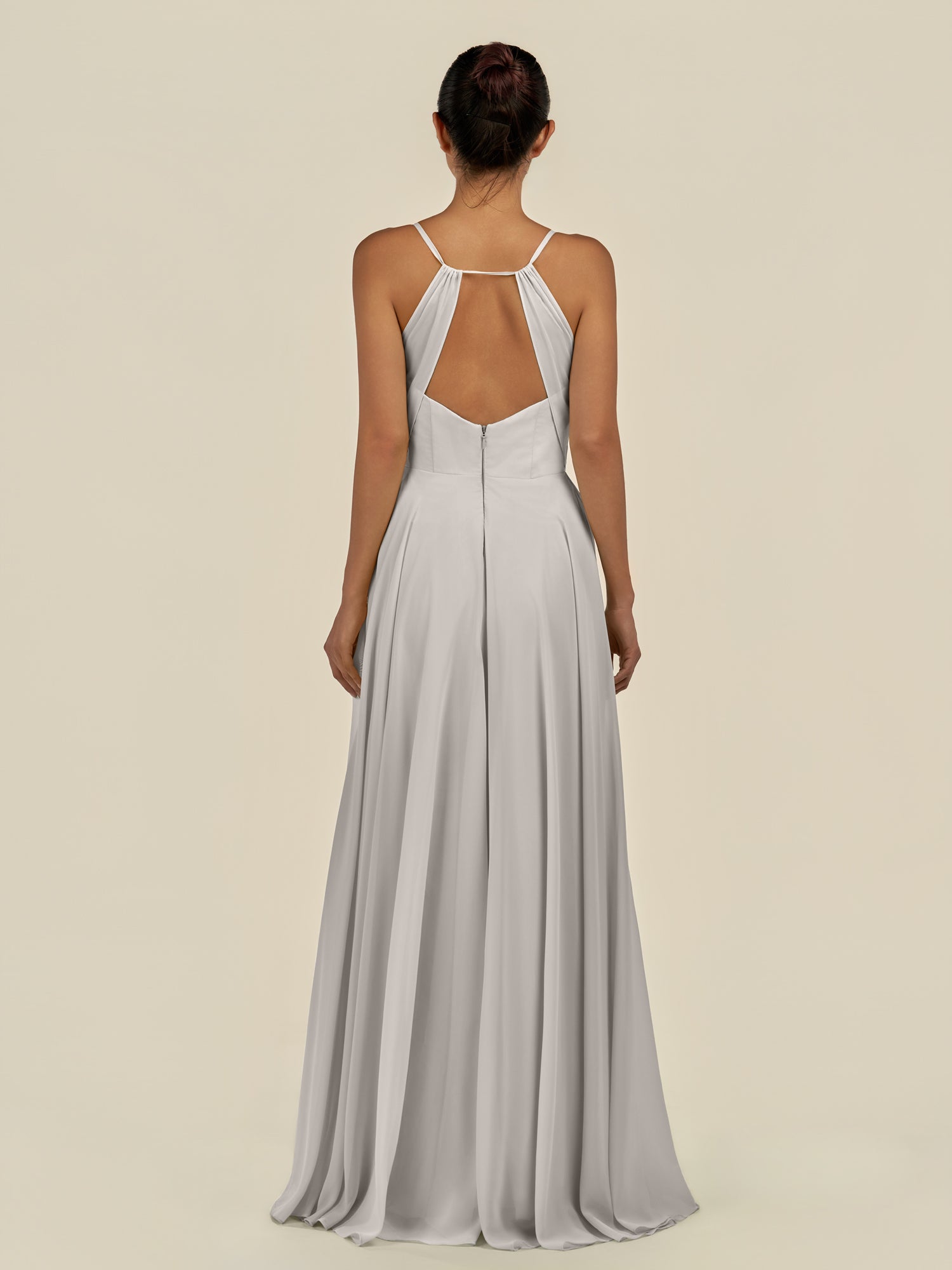KissDress-Amirae Silver A Line Chiffon V Neck Long Bridesmaid Dress with Cinched Waistline