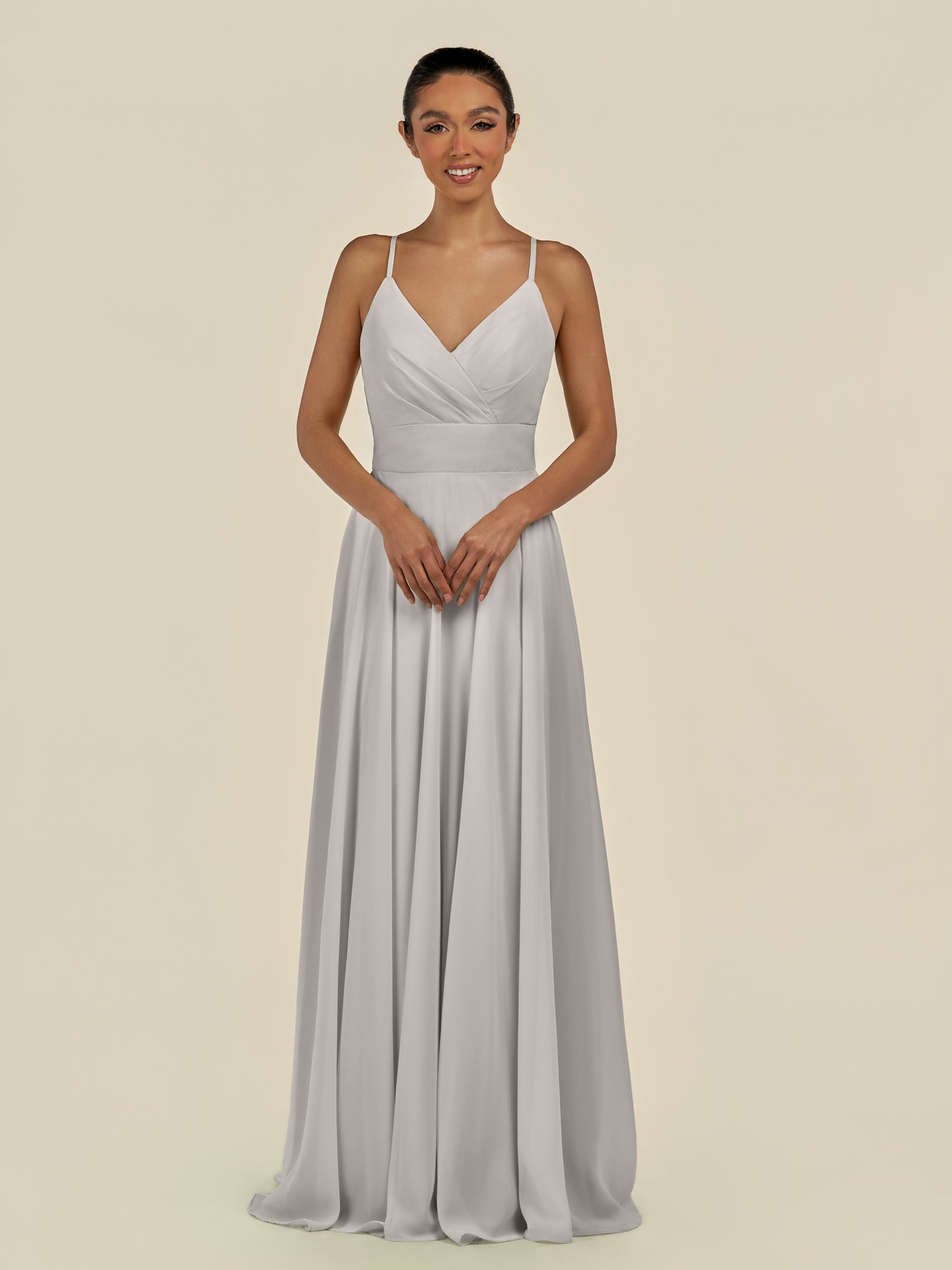 KissDress-Amirae Silver A Line Chiffon V Neck Long Bridesmaid Dress with Cinched Waistline