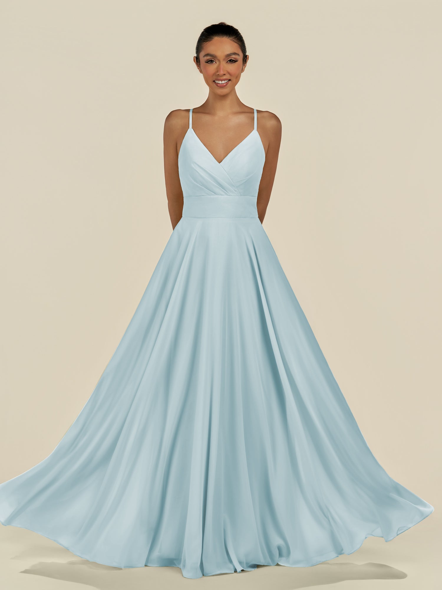 KissDress-Amirae Sky Blue A Line Chiffon V Neck Long Bridesmaid Dress with Cinched Waistline
