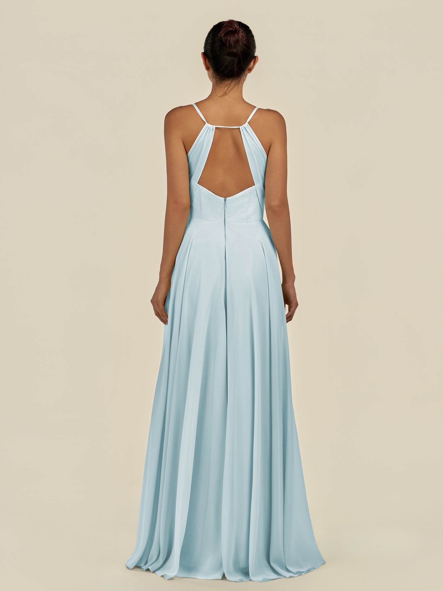 KissDress-Amirae Sky Blue A Line Chiffon V Neck Long Bridesmaid Dress with Cinched Waistline