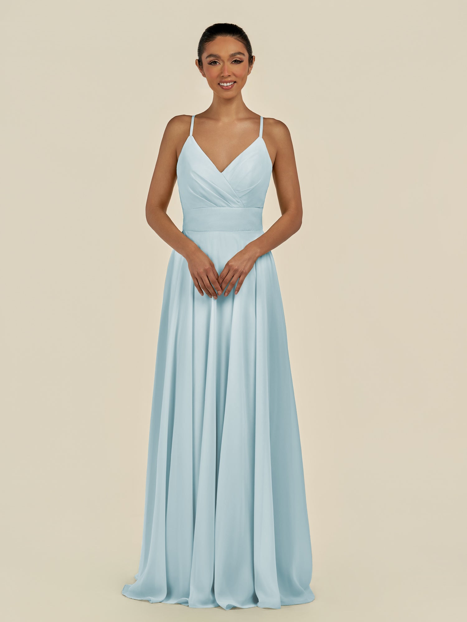 KissDress-Amirae Sky Blue A Line Chiffon V Neck Long Bridesmaid Dress with Cinched Waistline
