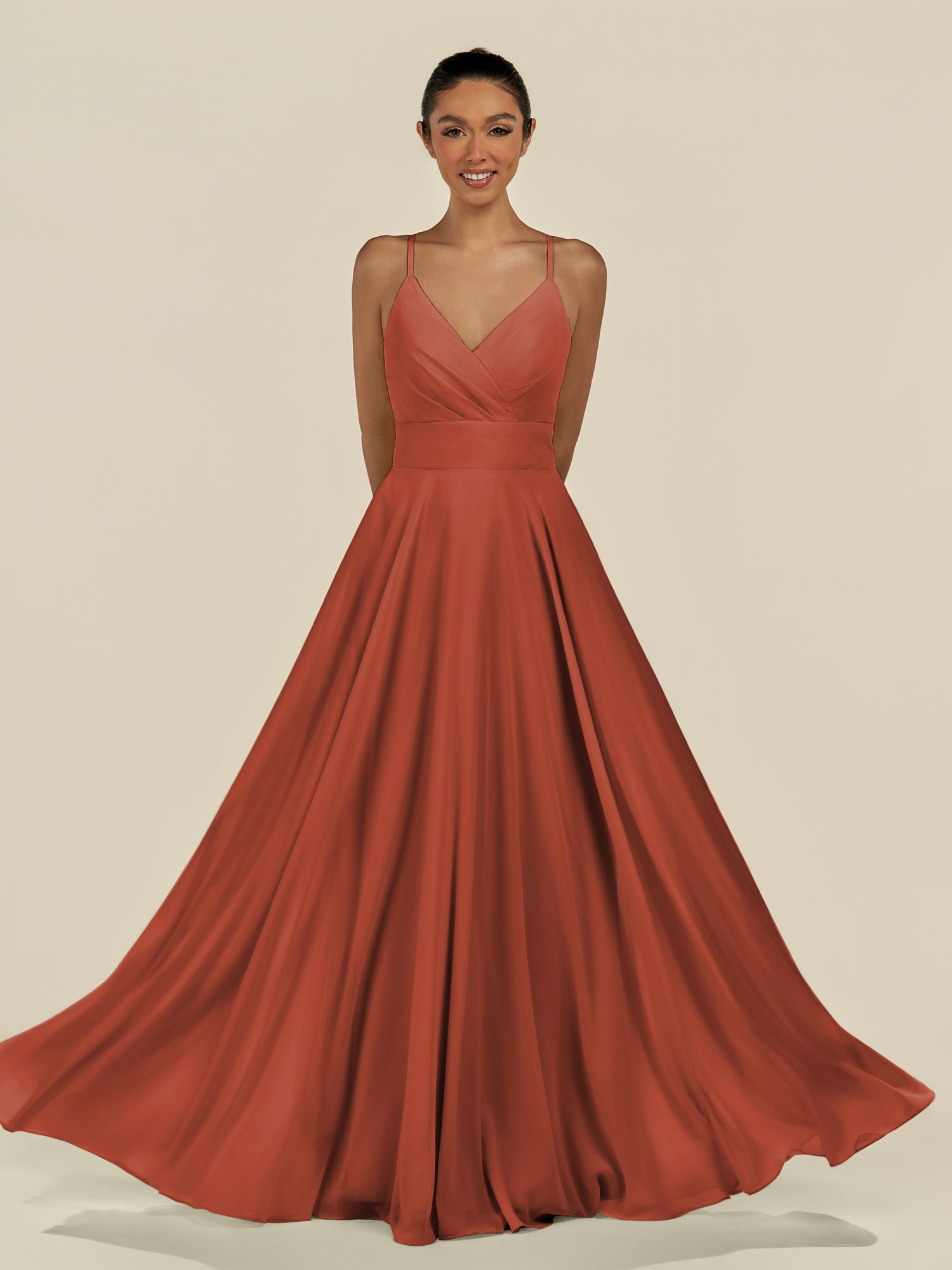 KissDress-Amirae Spice A Line Chiffon V Neck Long Bridesmaid Dress with Cinched Waistline