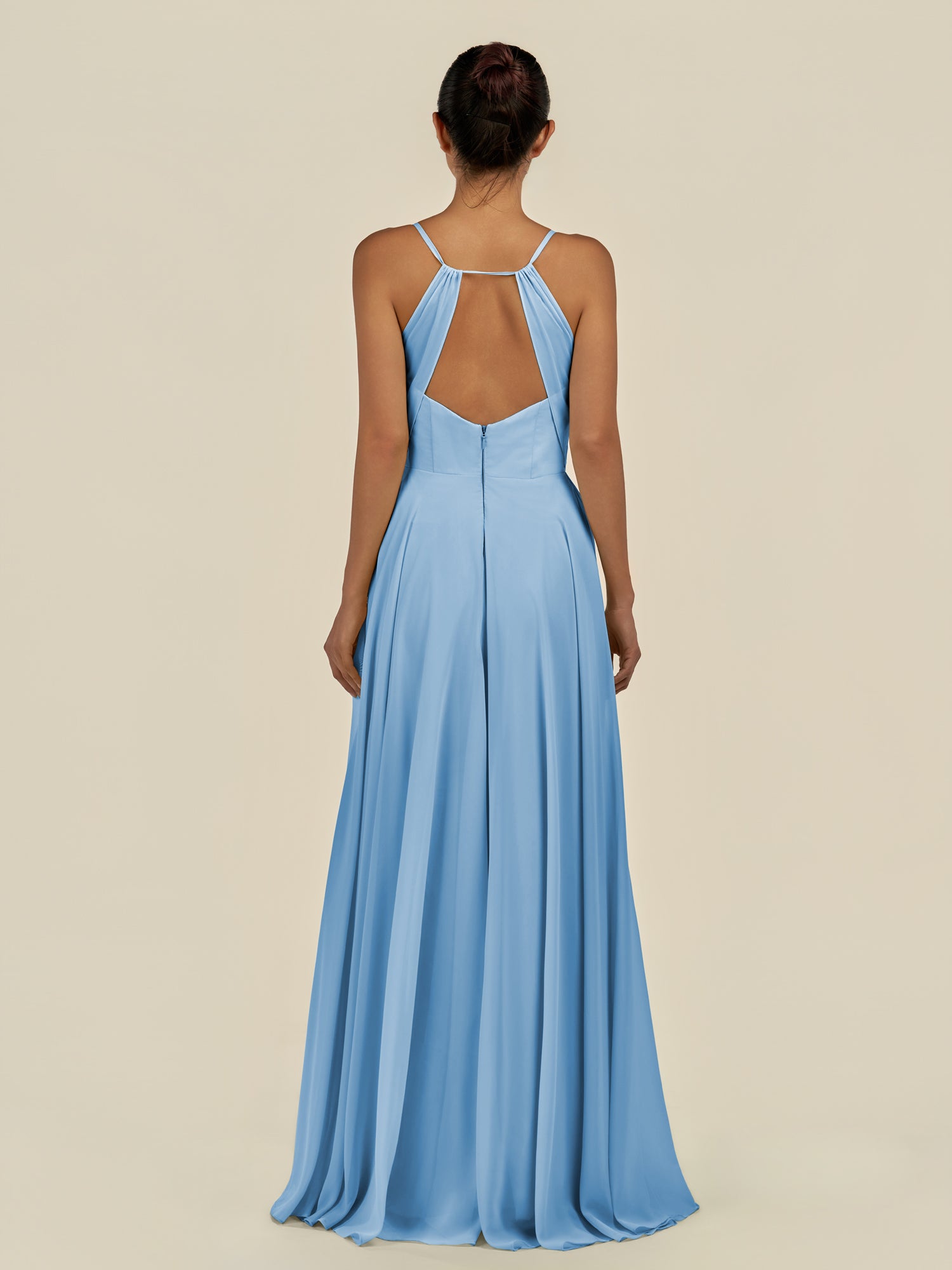 KissDress-Amirae Steel Blue A Line Chiffon V Neck Long Bridesmaid Dress with Cinched Waistline