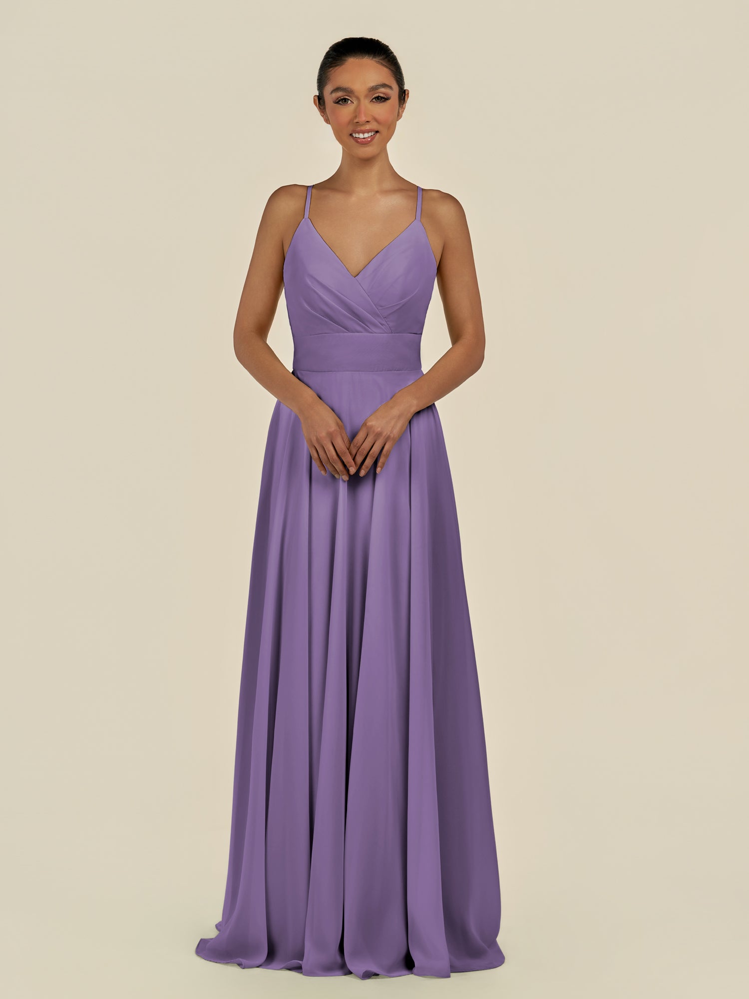 KissDress-Amirae Tahiti A Line Chiffon V Neck Long Bridesmaid Dress with Cinched Waistline