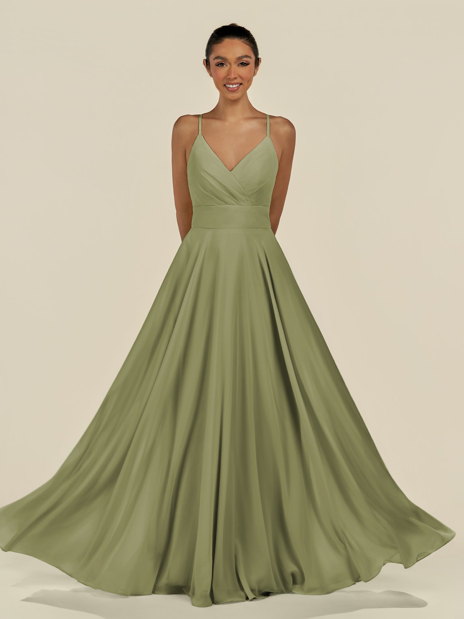 KissDress-Amirae Thyme A Line Chiffon V Neck Long Bridesmaid Dress with Cinched Waistline