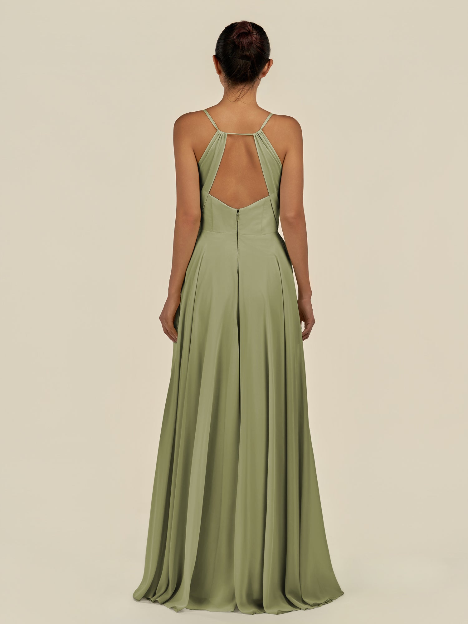 KissDress-Amirae Thyme A Line Chiffon V Neck Long Bridesmaid Dress with Cinched Waistline