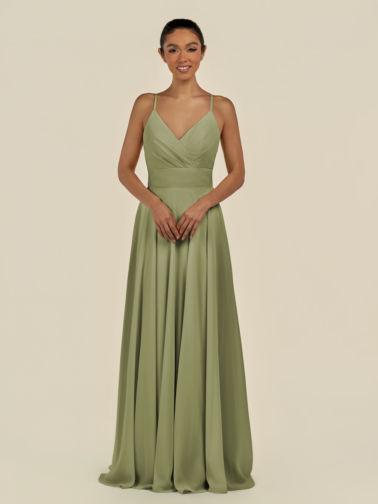 KissDress-Amirae Thyme A Line Chiffon V Neck Long Bridesmaid Dress with Cinched Waistline