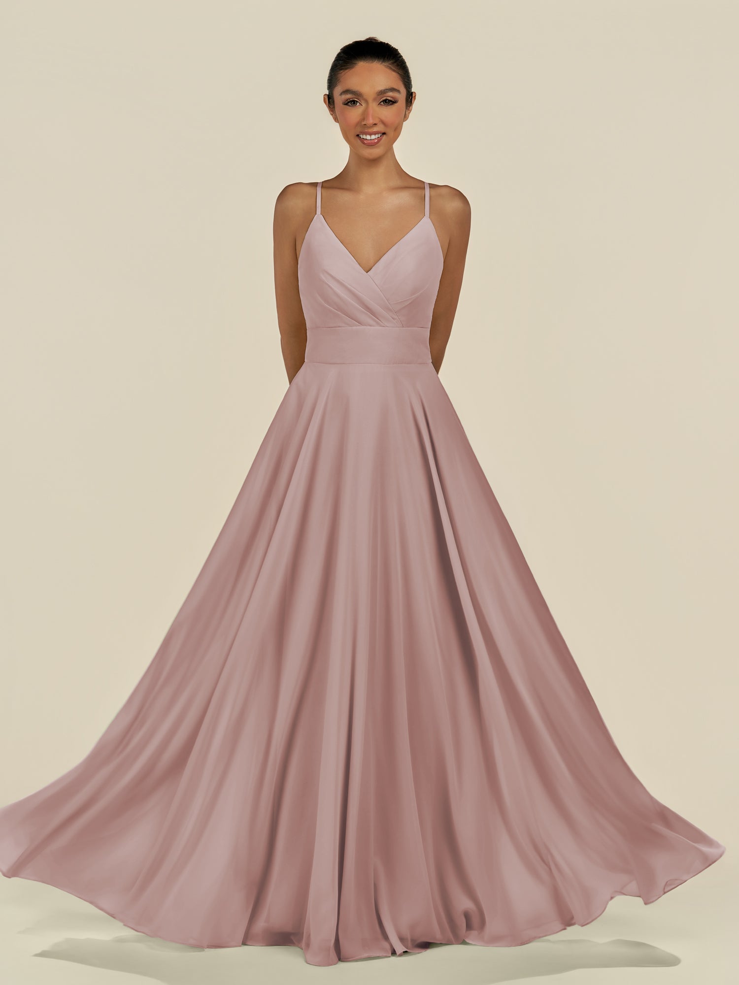 KissDress-Amirae Toffee A Line Chiffon V Neck Long Bridesmaid Dress with Cinched Waistline