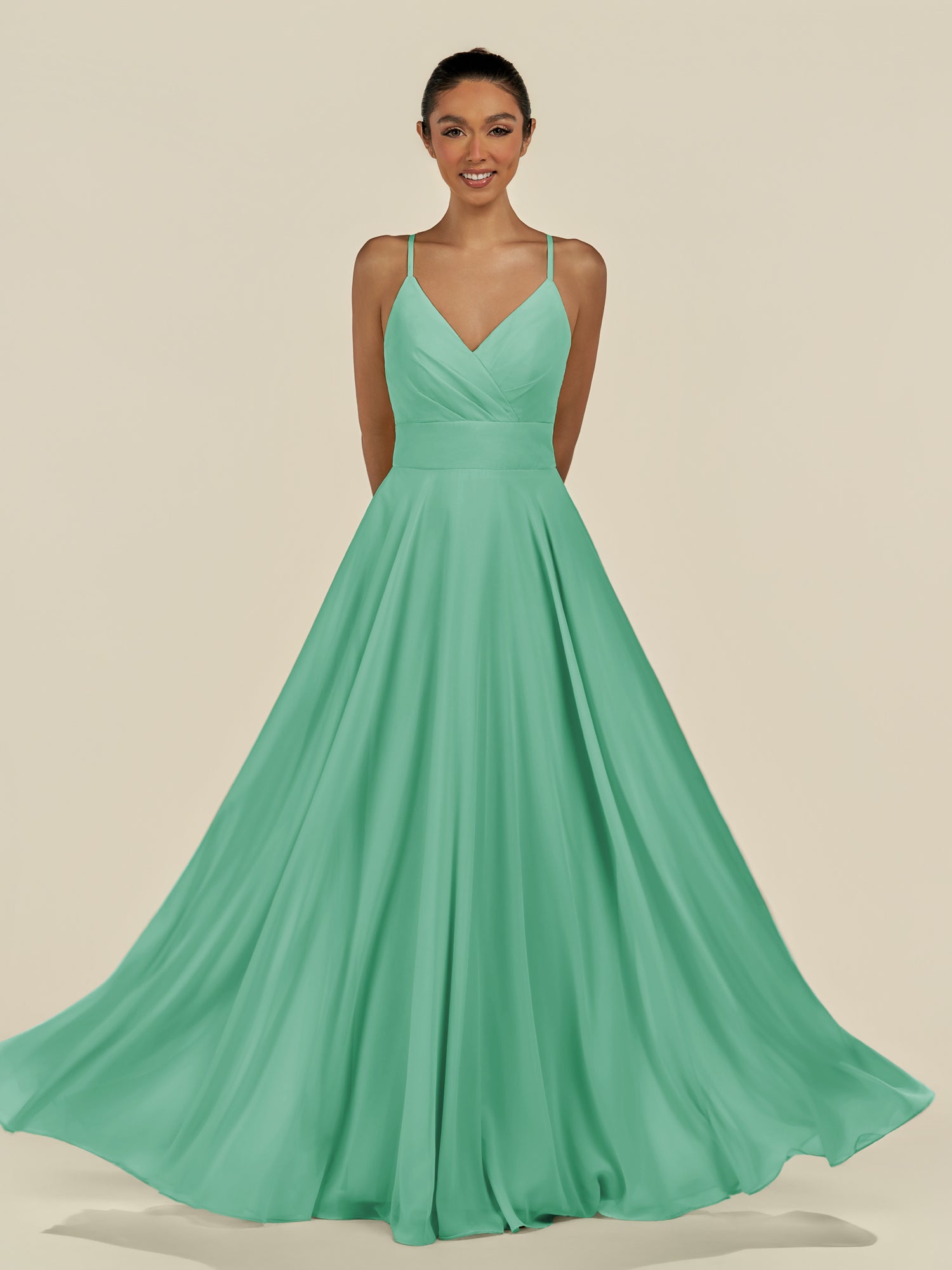 KissDress-Amirae Turquoise A Line Chiffon V Neck Long Bridesmaid Dress with Cinched Waistline