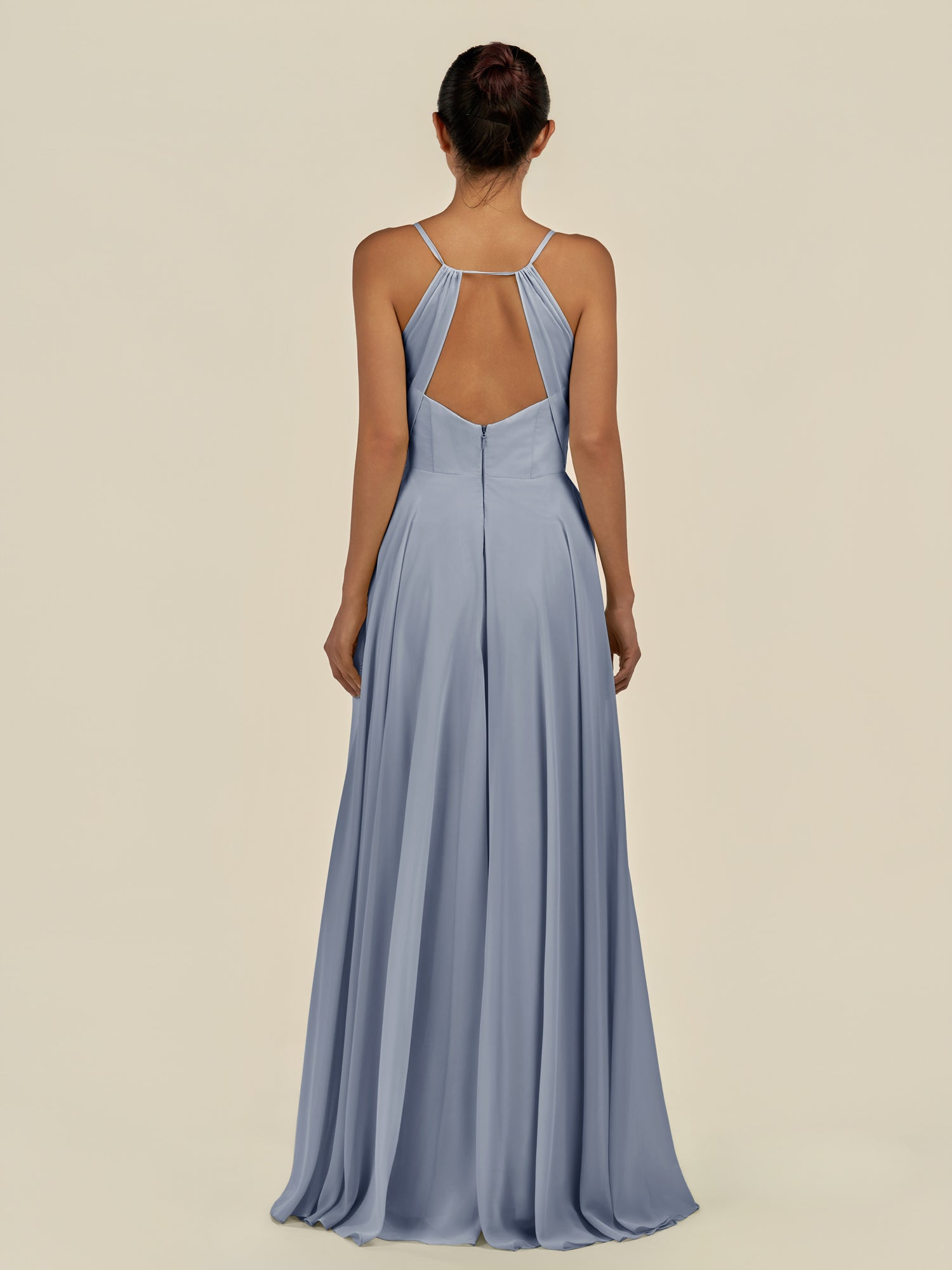 KissDress-Amirae Twilight A Line Chiffon V Neck Long Bridesmaid Dress with Cinched Waistline