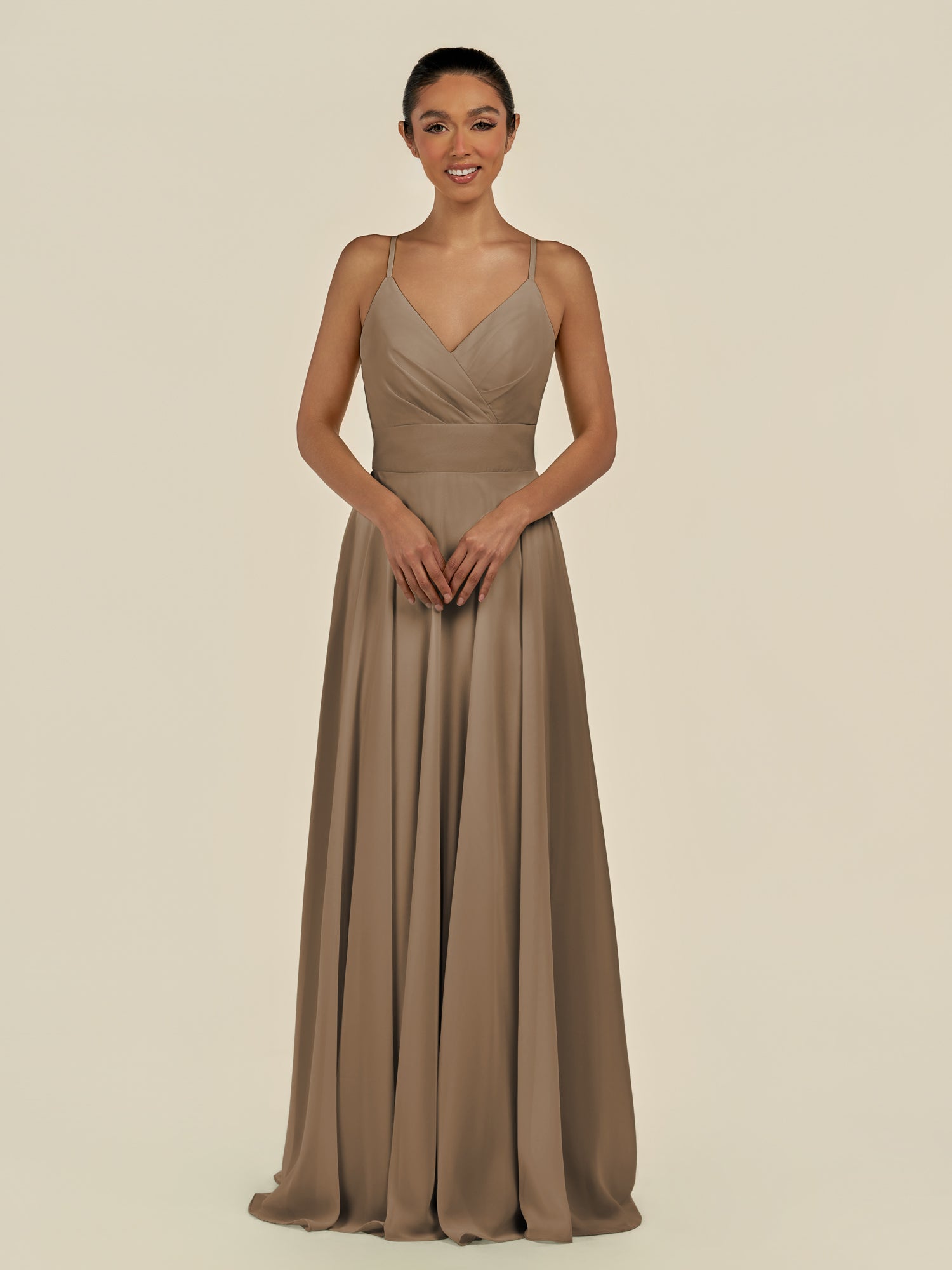 KissDress-Amirae Willow Green A Line Chiffon V Neck Long Bridesmaid Dress with Cinched Waistline