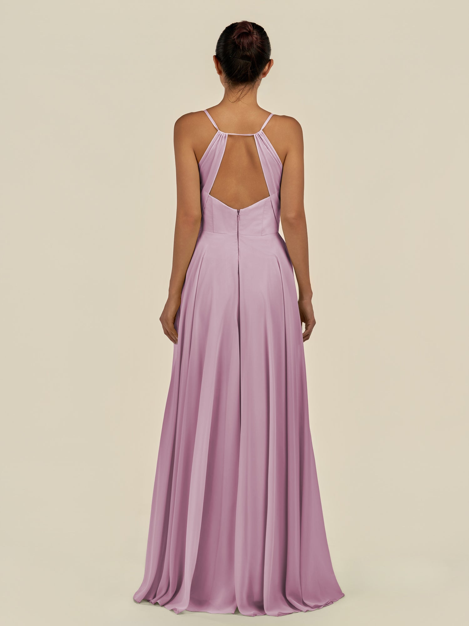 KissDress-Amirae Wisteria A Line Chiffon V Neck Long Bridesmaid Dress with Cinched Waistline