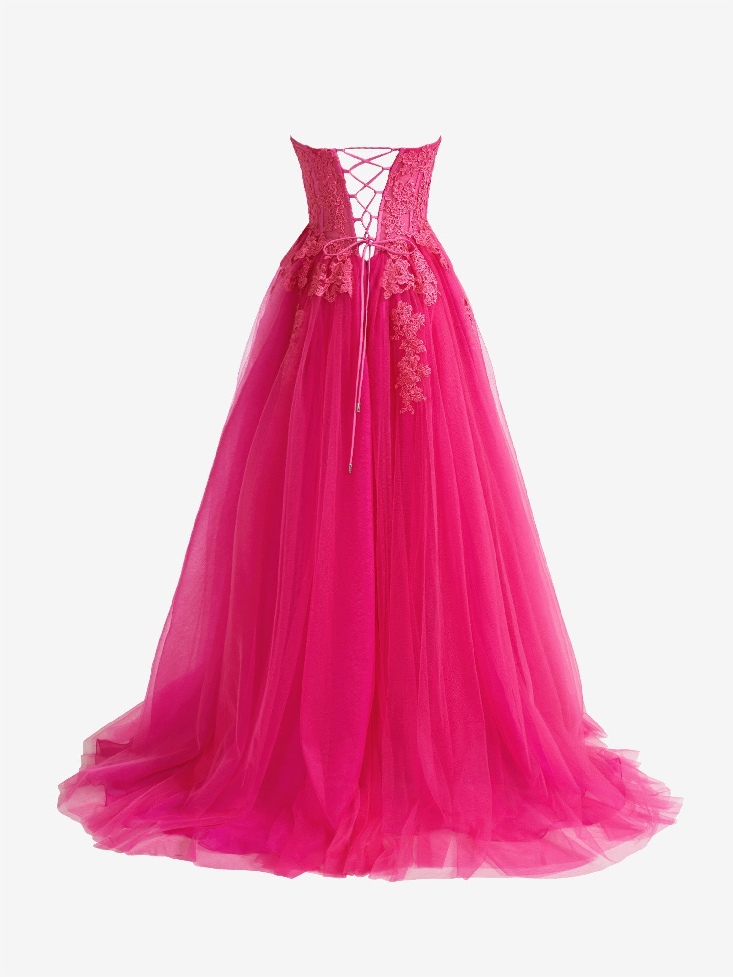 Hot Pink A-Line Tulle Lace Strapless Long Prom Dress