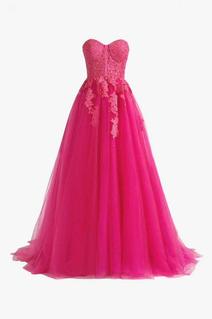 Amora | Hot Pink A - Line Tulle Lace Strapless Long Prom Dress - KissProm