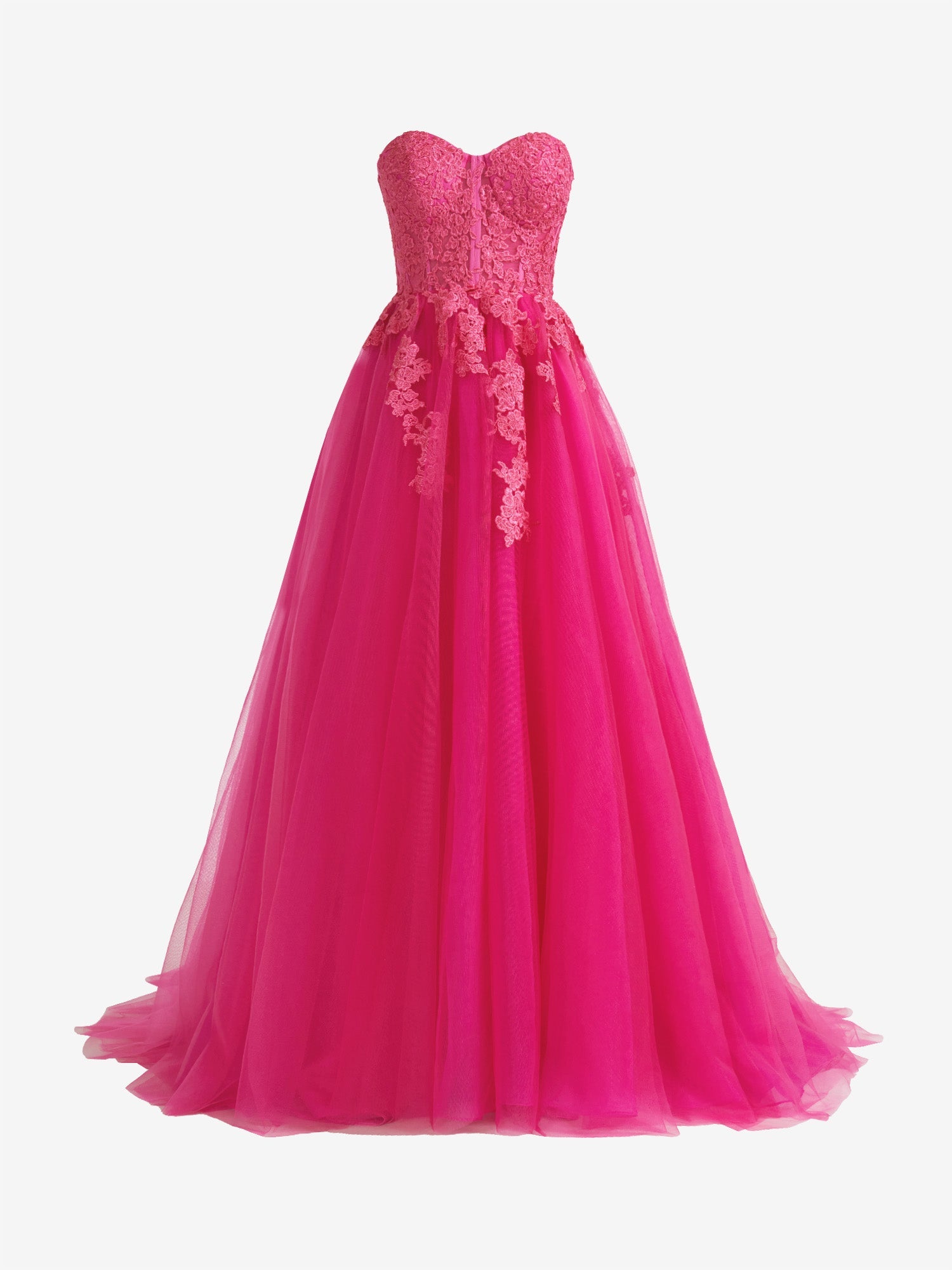Hot Pink A-Line Tulle Lace Strapless Long Prom Dress