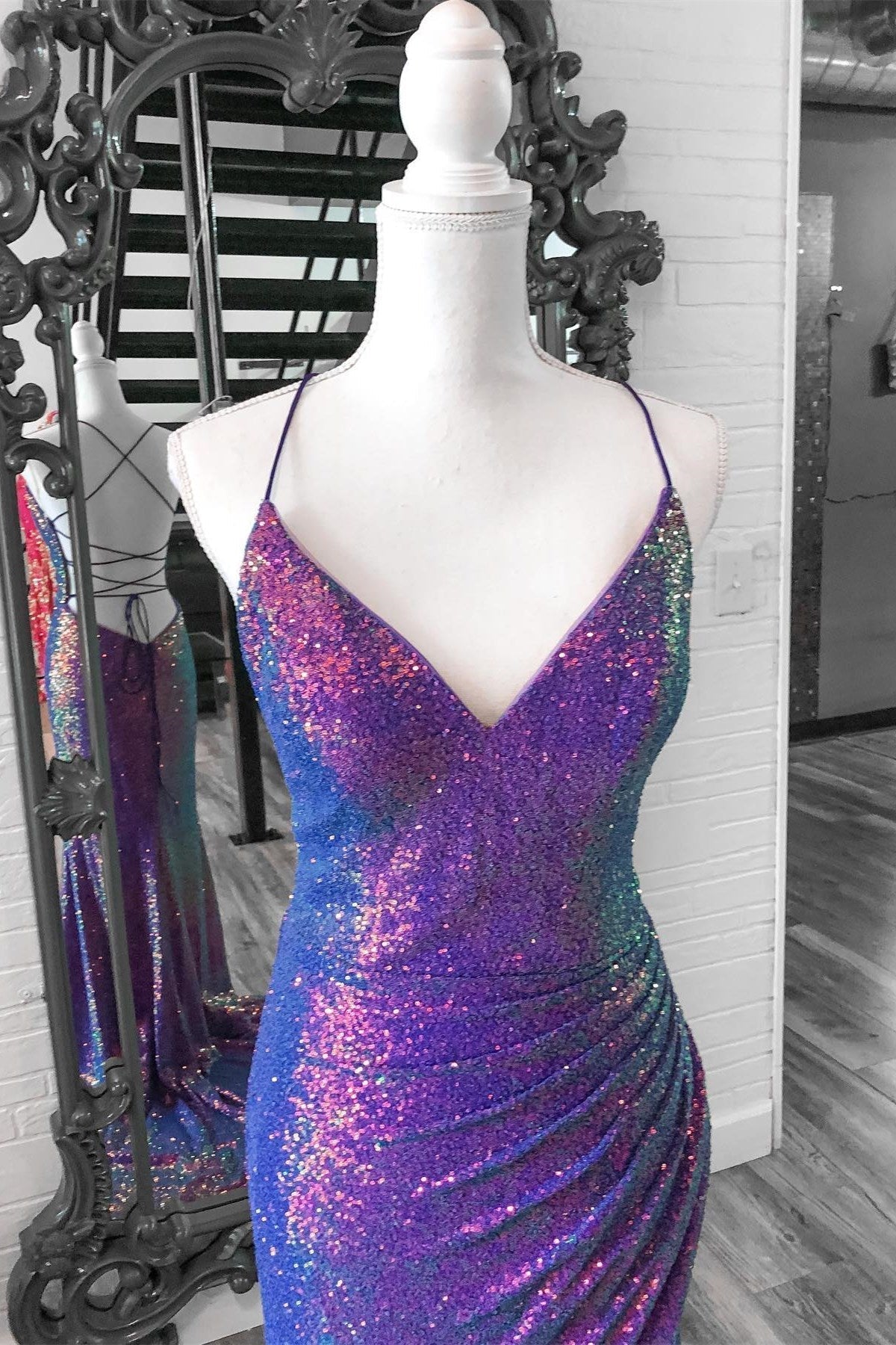 Purple Iridescent Sequins V Neck Lace-Up Mermaid Long Prom Dress with Slit