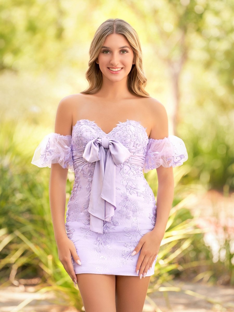 Anne |Sheath Sweetheart Lace Bow Short Homecoming Dress with Puff Sleeves - KissProm