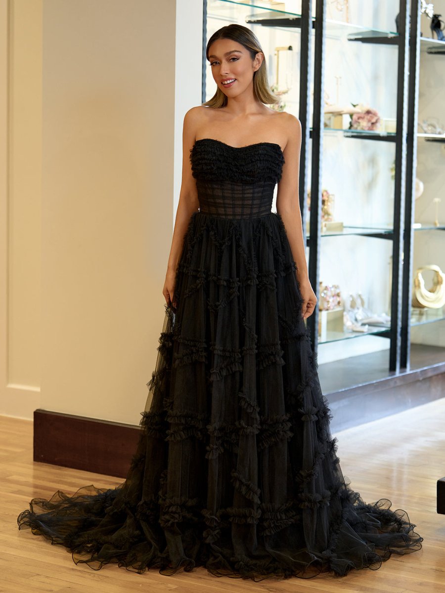 Arcanae | Black Strapless Tulle A Line Lone Prom Dress - KissProm