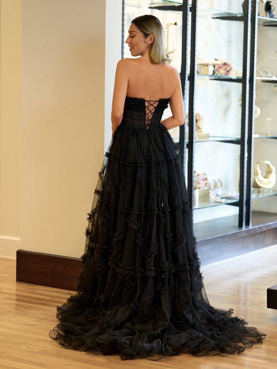 Arcanae | Black Strapless Tulle A Line Lone Prom Dress - KissProm
