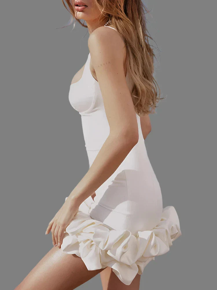 Ruched Ivory Spandex Mini Dress With Ruffles