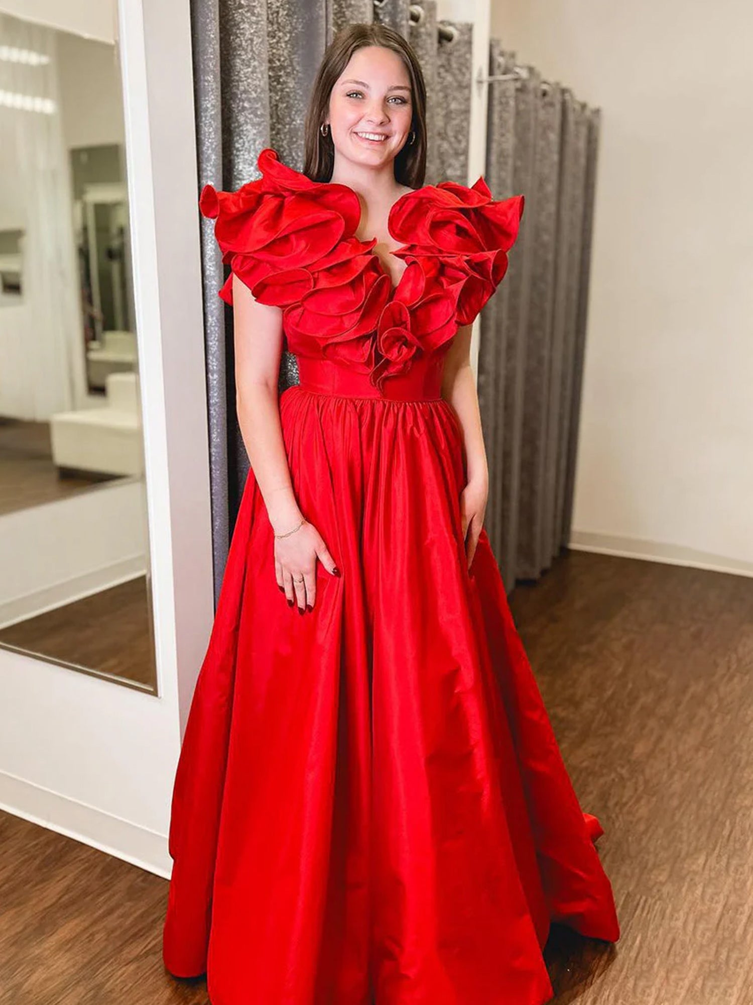 Red Ruffle V Neck Satin A-Line Long Prom Dresses