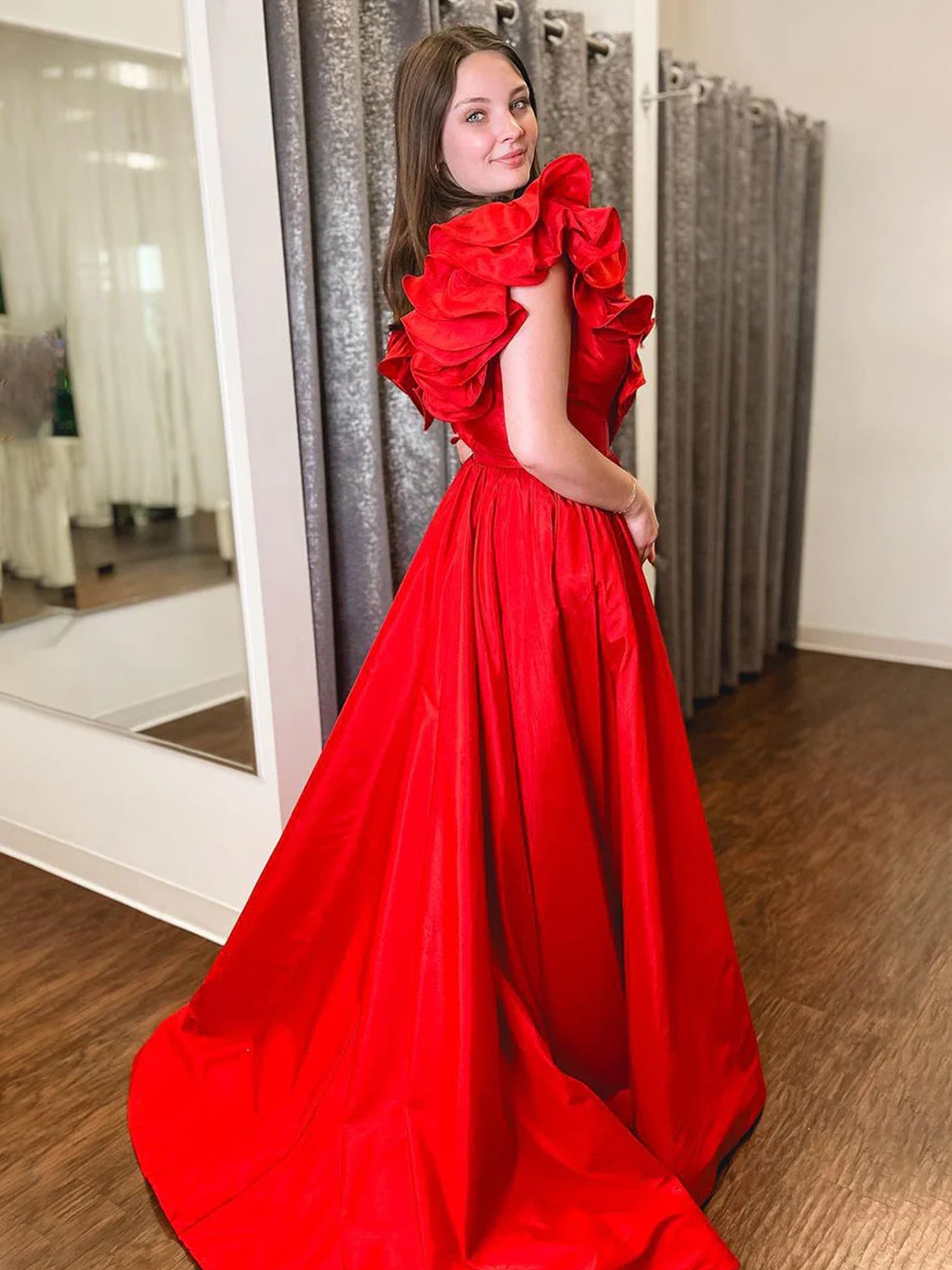 Red Ruffle V Neck Satin A-Line Long Prom Dresses