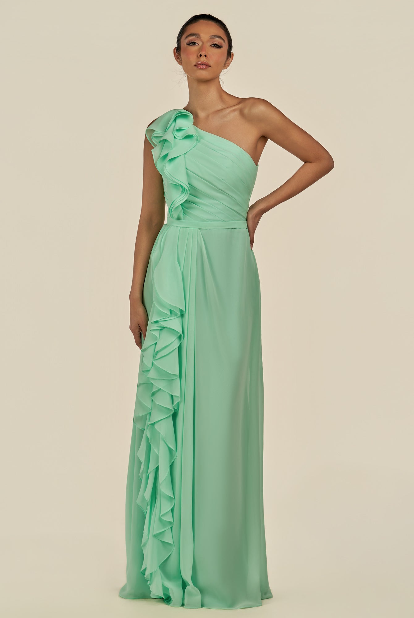 KissDress-Assou Pale Pistachio A Line One Shoulder Chiffon Pleated Ruffles Long Bridesmaid Dress with Slit
