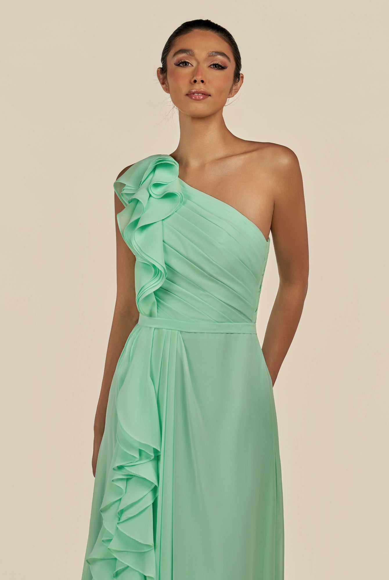 KissDress-Assou Pale Pistachio A Line One Shoulder Chiffon Pleated Ruffles Long Bridesmaid Dress with Slit