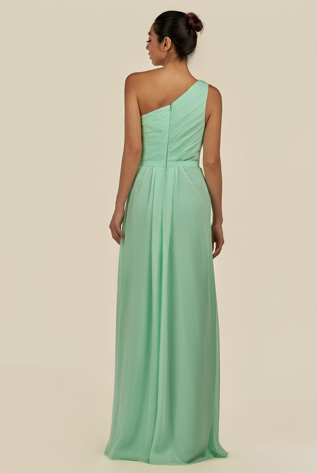 KissDress-Assou Pale Pistachio A Line One Shoulder Chiffon Pleated Ruffles Long Bridesmaid Dress with Slit