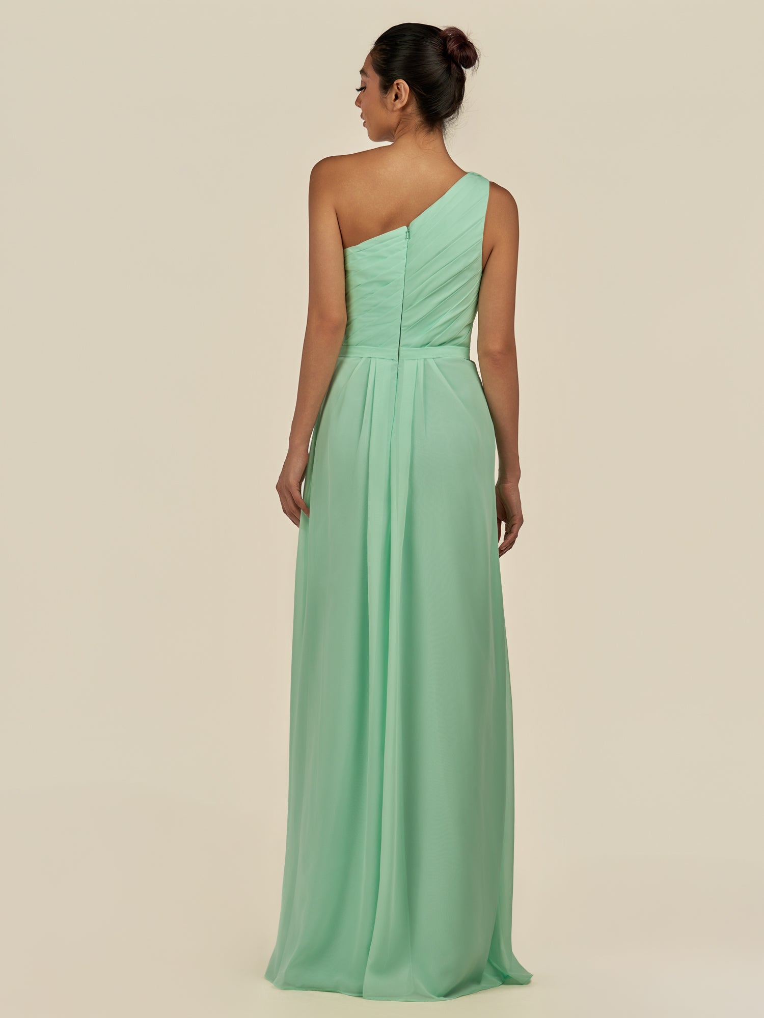 KissDress-Assou Pale Pistachio A Line One Shoulder Chiffon Pleated Ruffles Long Bridesmaid Dress with Slit