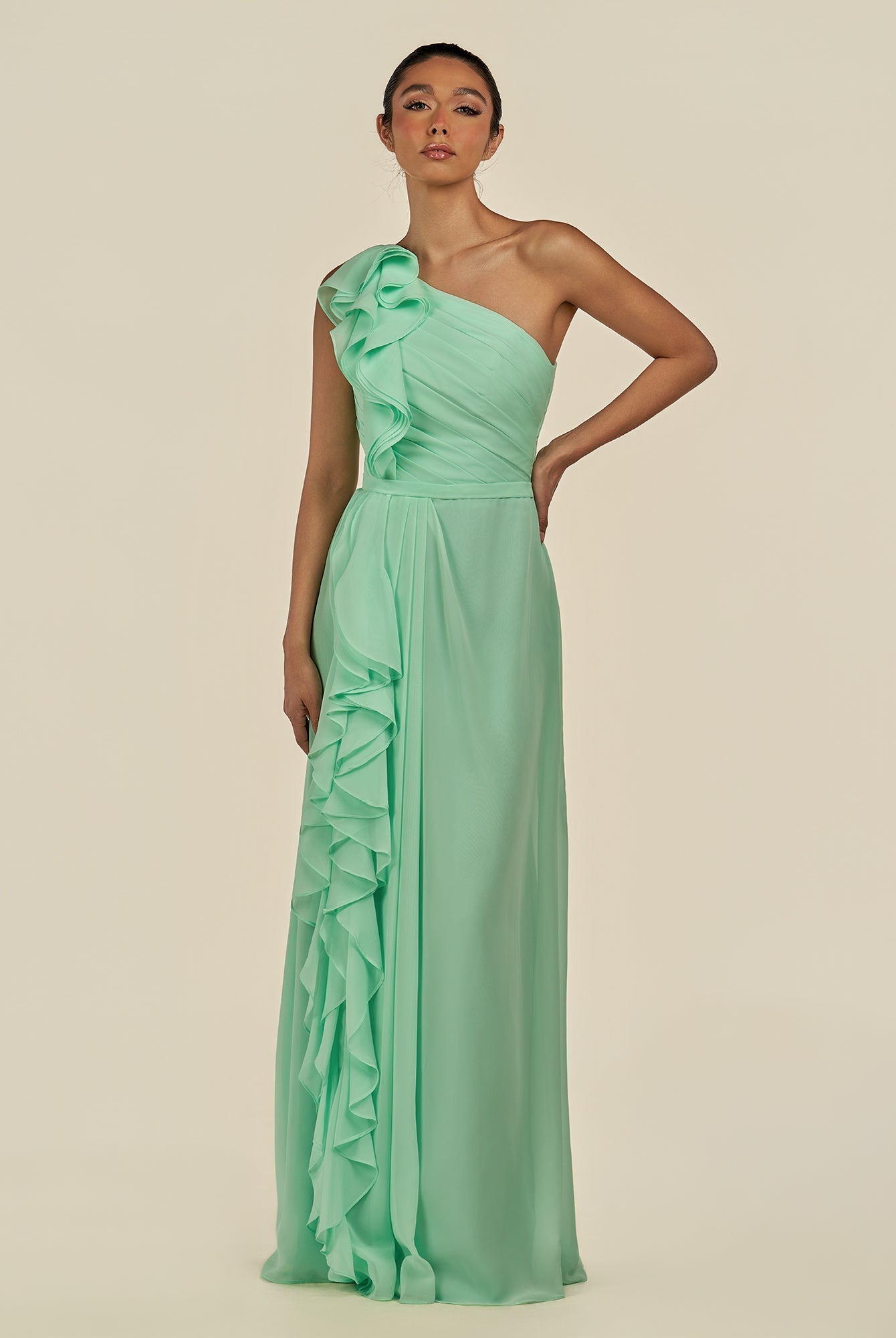 KissDress-Assou Pale Pistachio A Line One Shoulder Chiffon Pleated Ruffles Long Bridesmaid Dress with Slit