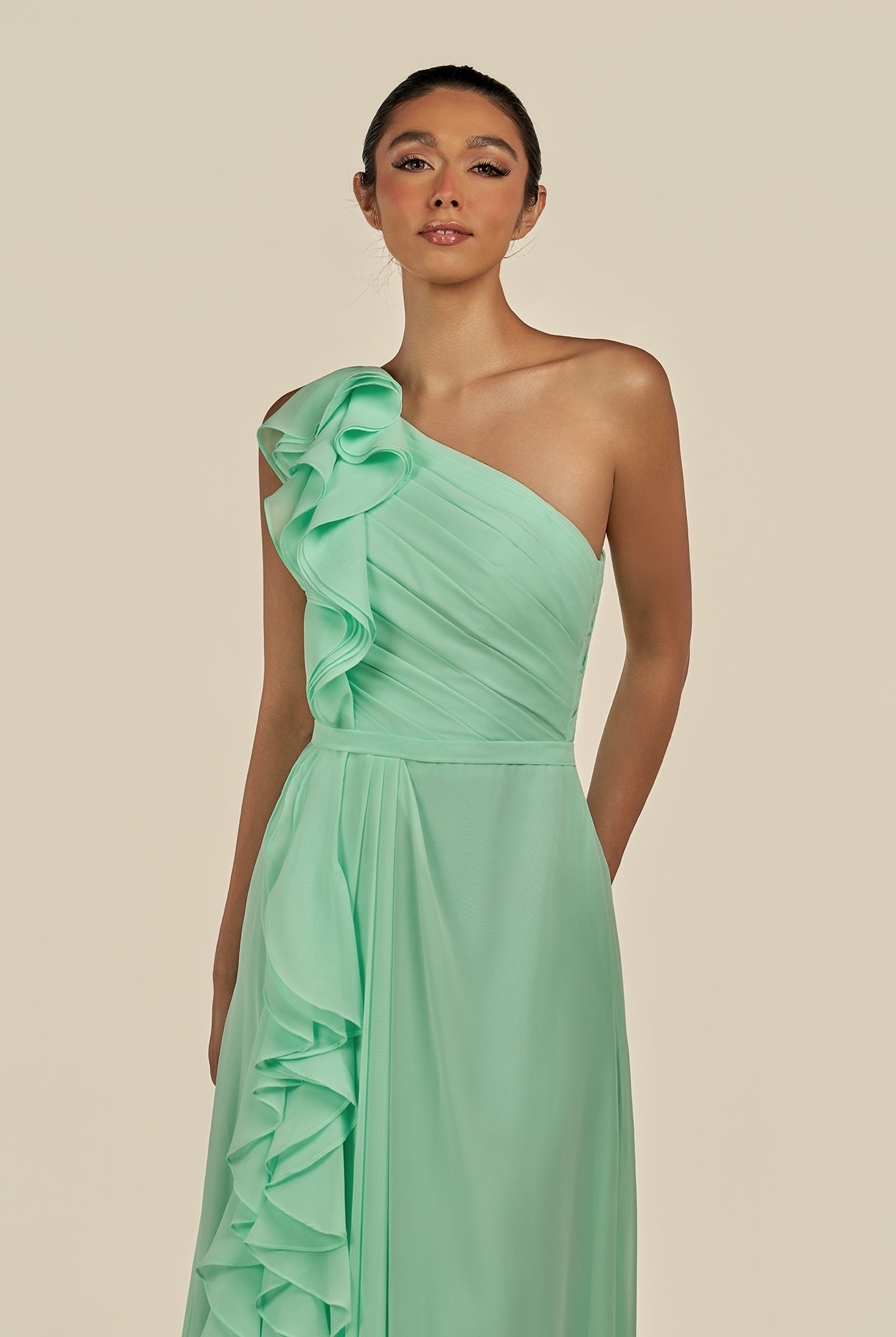 KissDress-Assou Pale Pistachio A Line One Shoulder Chiffon Pleated Ruffles Long Bridesmaid Dress with Slit
