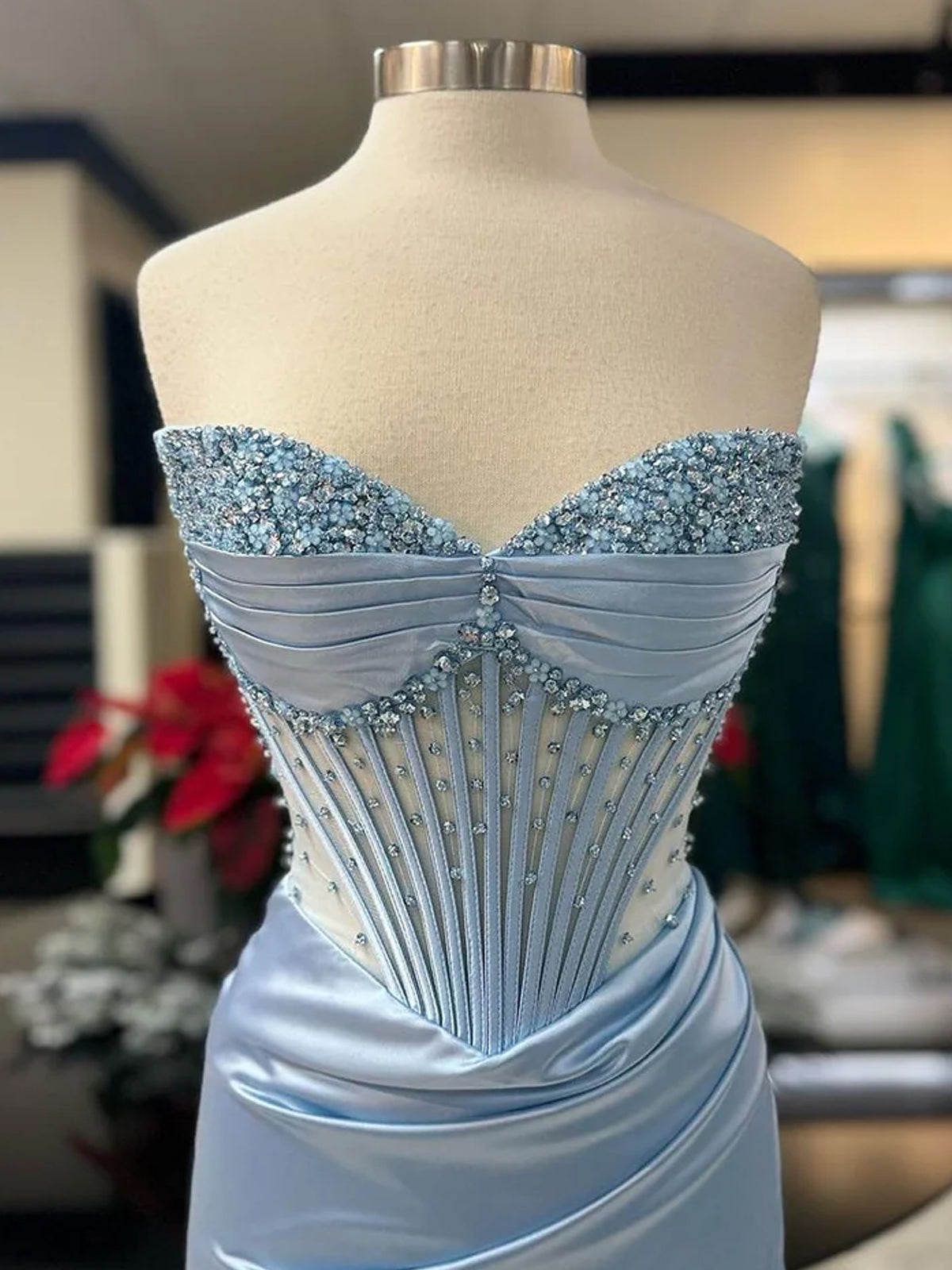 Mermaid Straps Blue Beaded Ruched Long Prom Dress with Slit