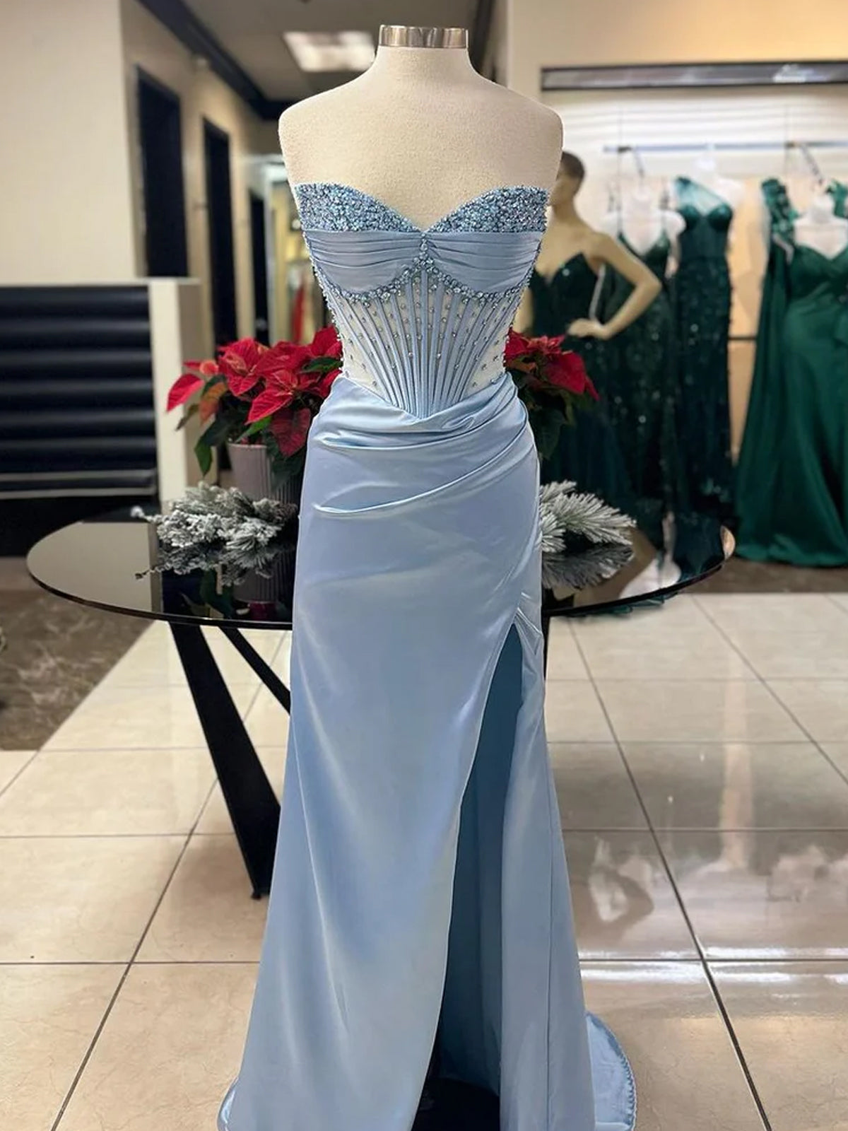Mermaid Straps Blue Beaded Ruched Long Prom Dress with Slit