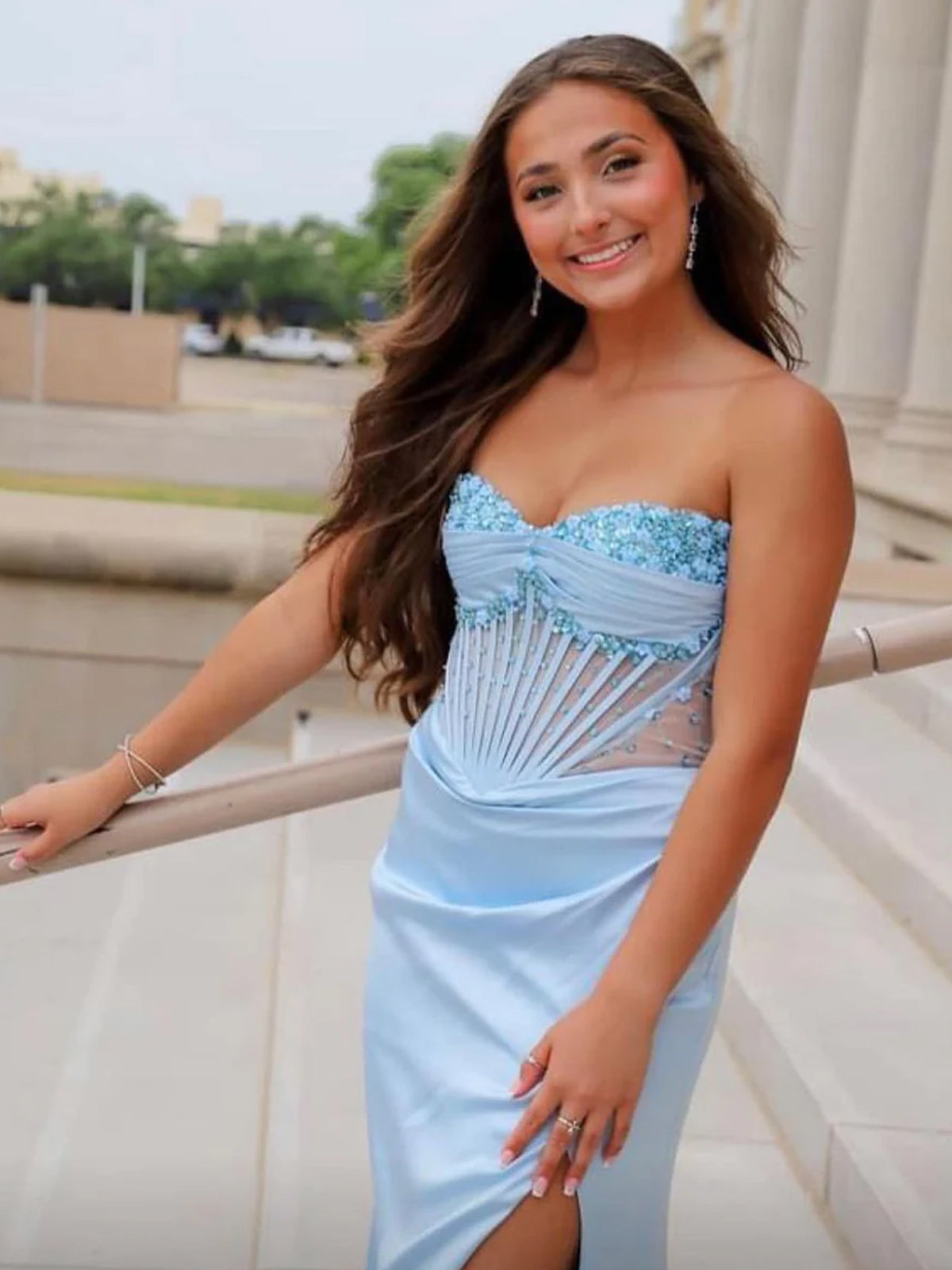 Mermaid Straps Blue Beaded Ruched Long Prom Dress with Slit