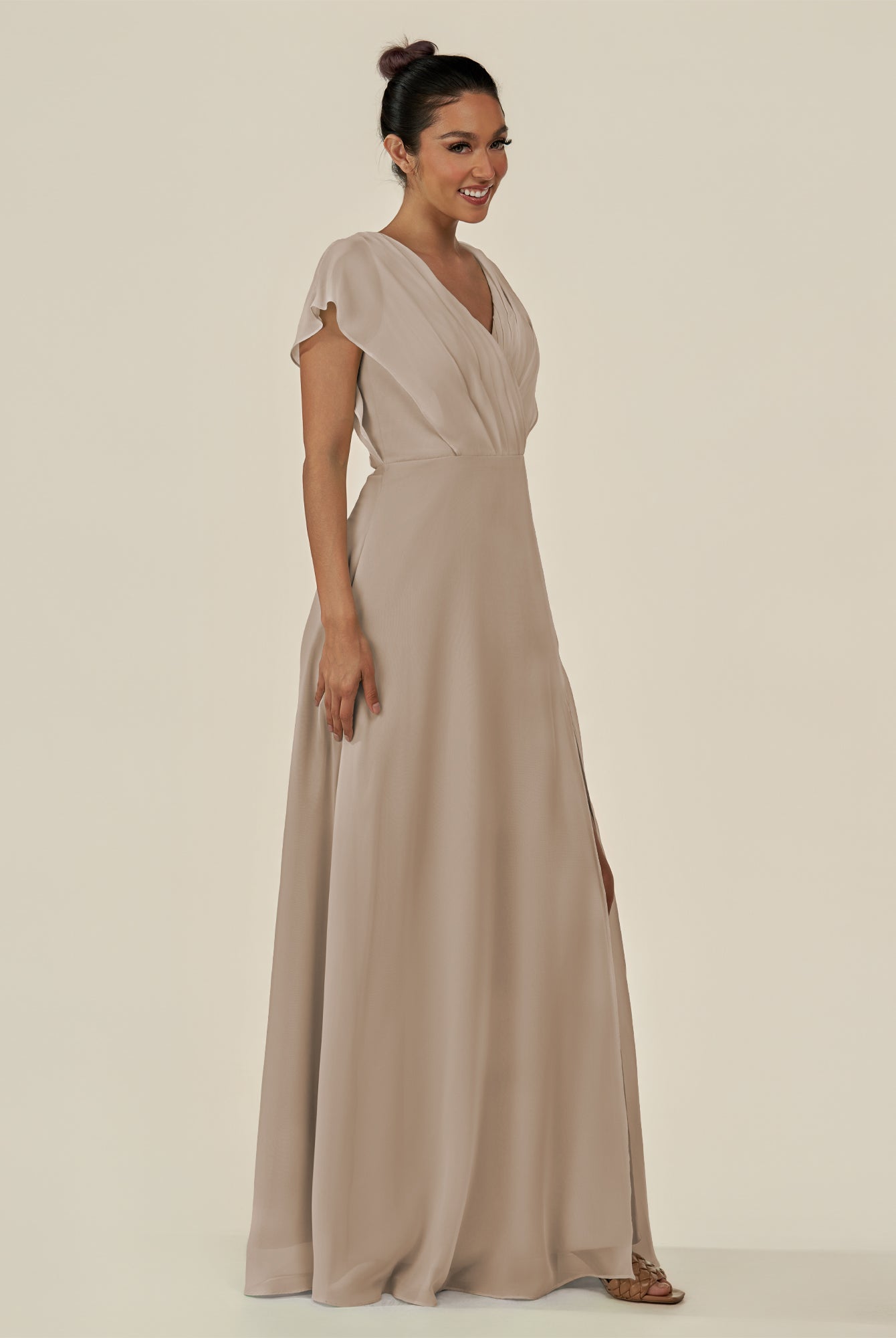 KissDress-Aven Almond A Line Chiffon Cap Sleeves V Neck Pleated Long Bridesmaid Dress with Slit
