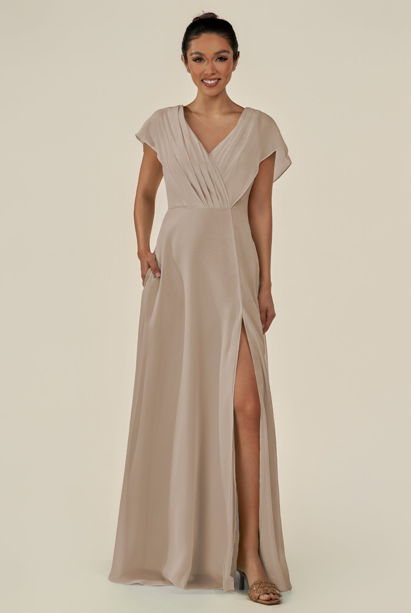 KissDress-Aven Almond A Line Chiffon Cap Sleeves V Neck Pleated Long Bridesmaid Dress with Slit