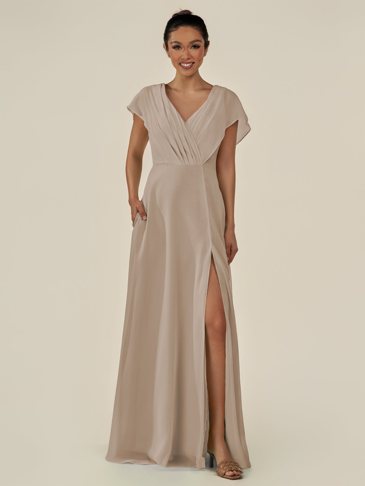 KissDress-Aven Almond A Line Chiffon Cap Sleeves V Neck Pleated Long Bridesmaid Dress with Slit