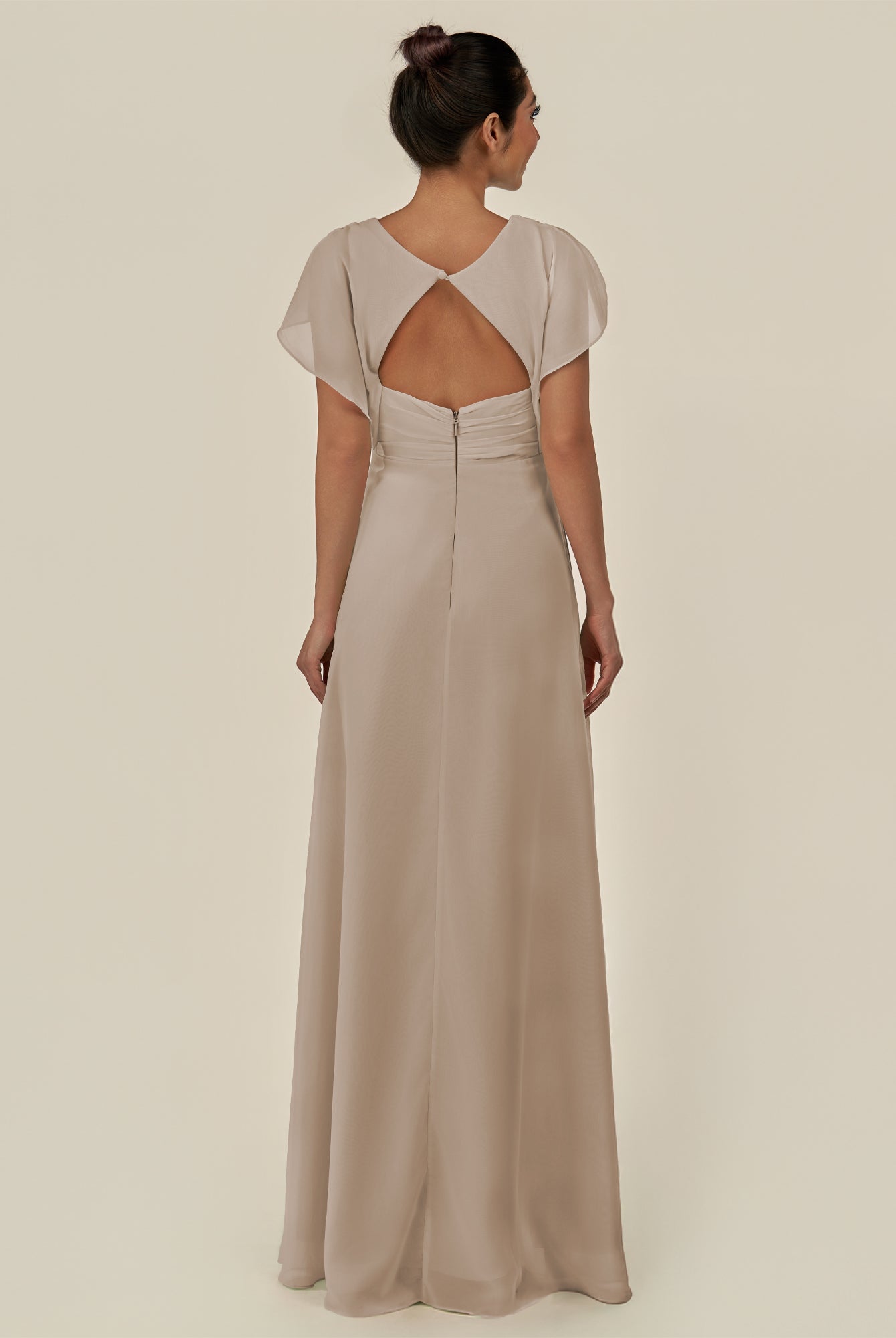 KissDress-Aven Almond A Line Chiffon Cap Sleeves V Neck Pleated Long Bridesmaid Dress with Slit