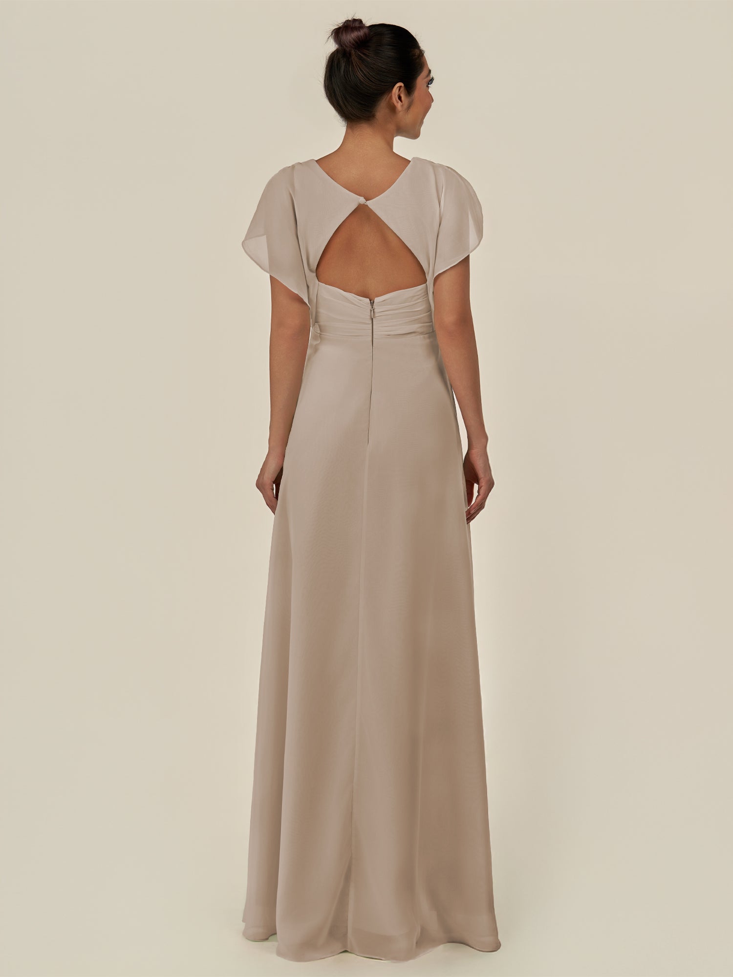 KissDress-Aven Almond A Line Chiffon Cap Sleeves V Neck Pleated Long Bridesmaid Dress with Slit