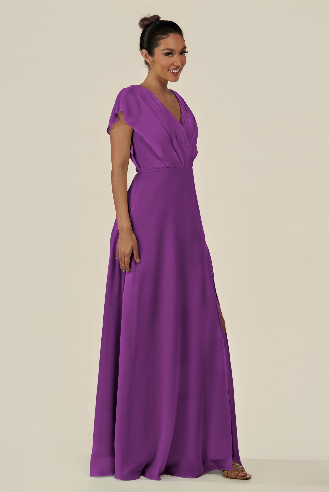 KissDress-Aven Amethyst A Line Chiffon Cap Sleeves V Neck Pleated Long Bridesmaid Dress with Slit