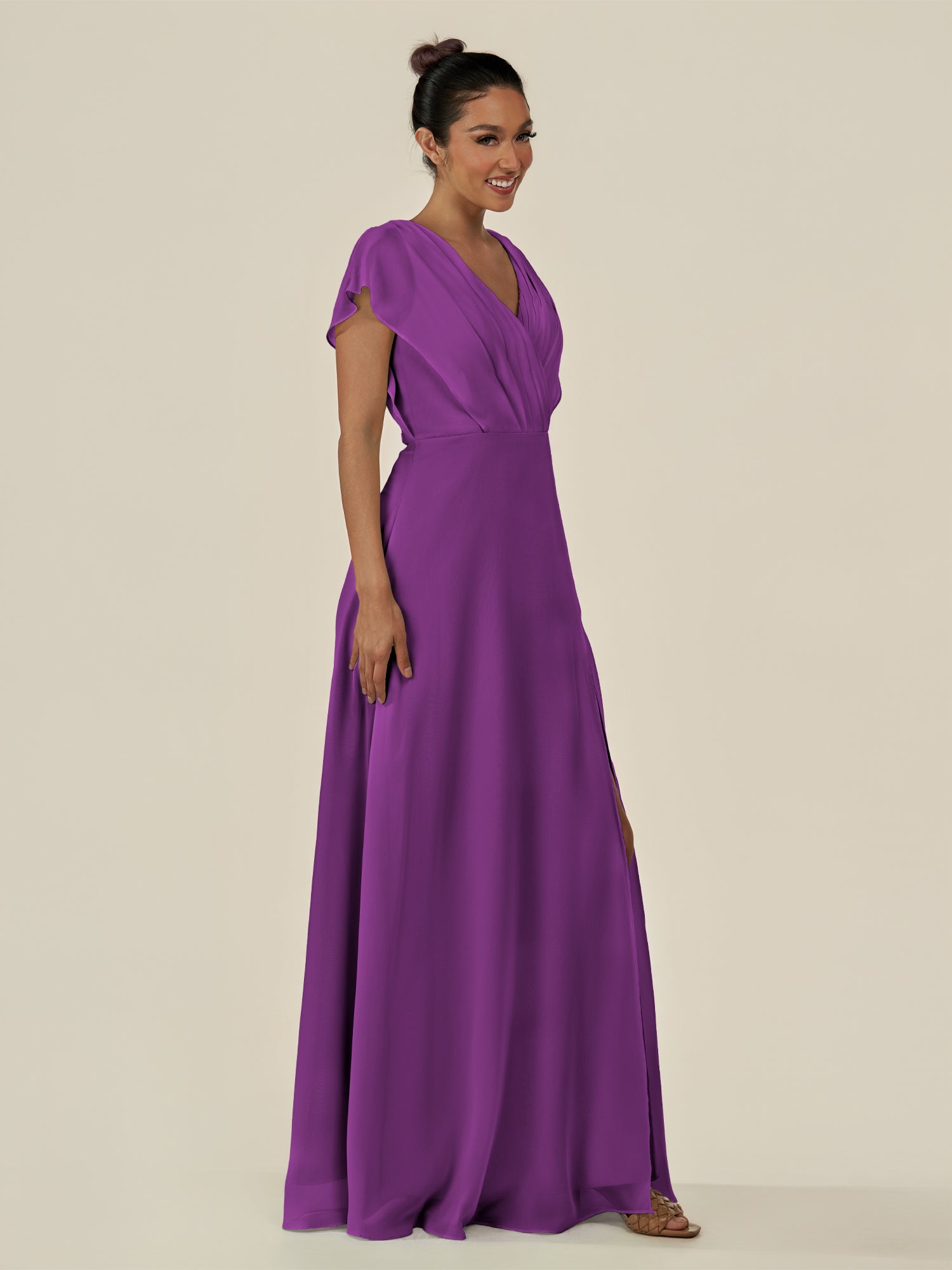 KissDress-Aven Amethyst A Line Chiffon Cap Sleeves V Neck Pleated Long Bridesmaid Dress with Slit