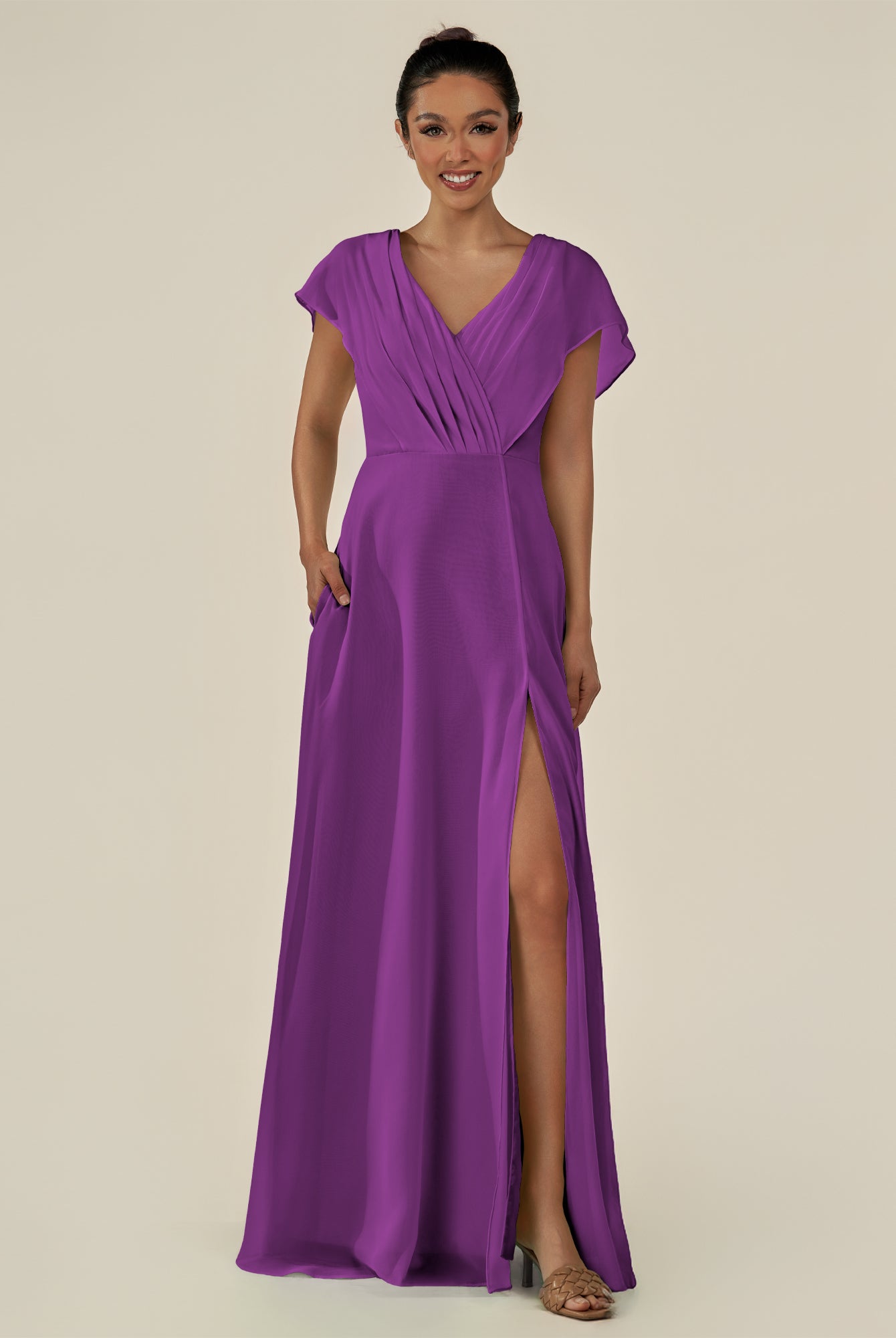 KissDress-Aven Amethyst A Line Chiffon Cap Sleeves V Neck Pleated Long Bridesmaid Dress with Slit