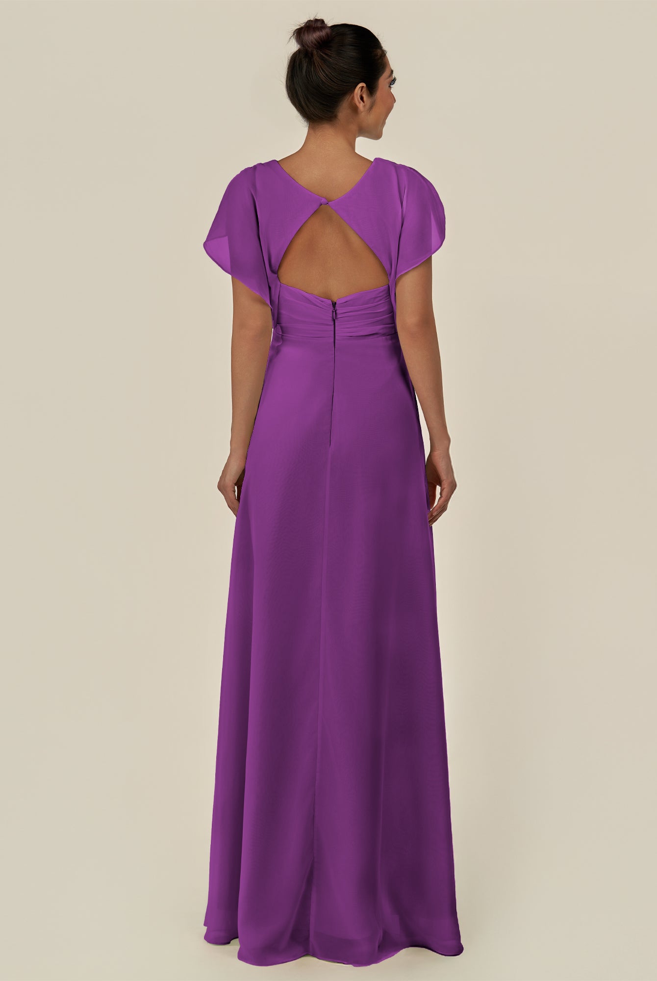 KissDress-Aven Amethyst A Line Chiffon Cap Sleeves V Neck Pleated Long Bridesmaid Dress with Slit